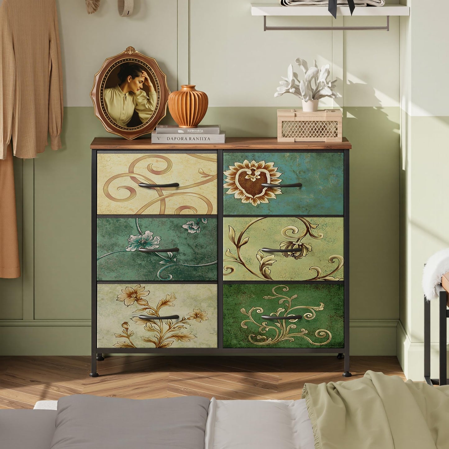 WLIVE Dresser for Bedroom with 6 Fabric Drawers, Closet Dresser with Metal Frame, Wooden Top, Chest of Drawers for Closet, Living Room, Hallway, Floral Painted