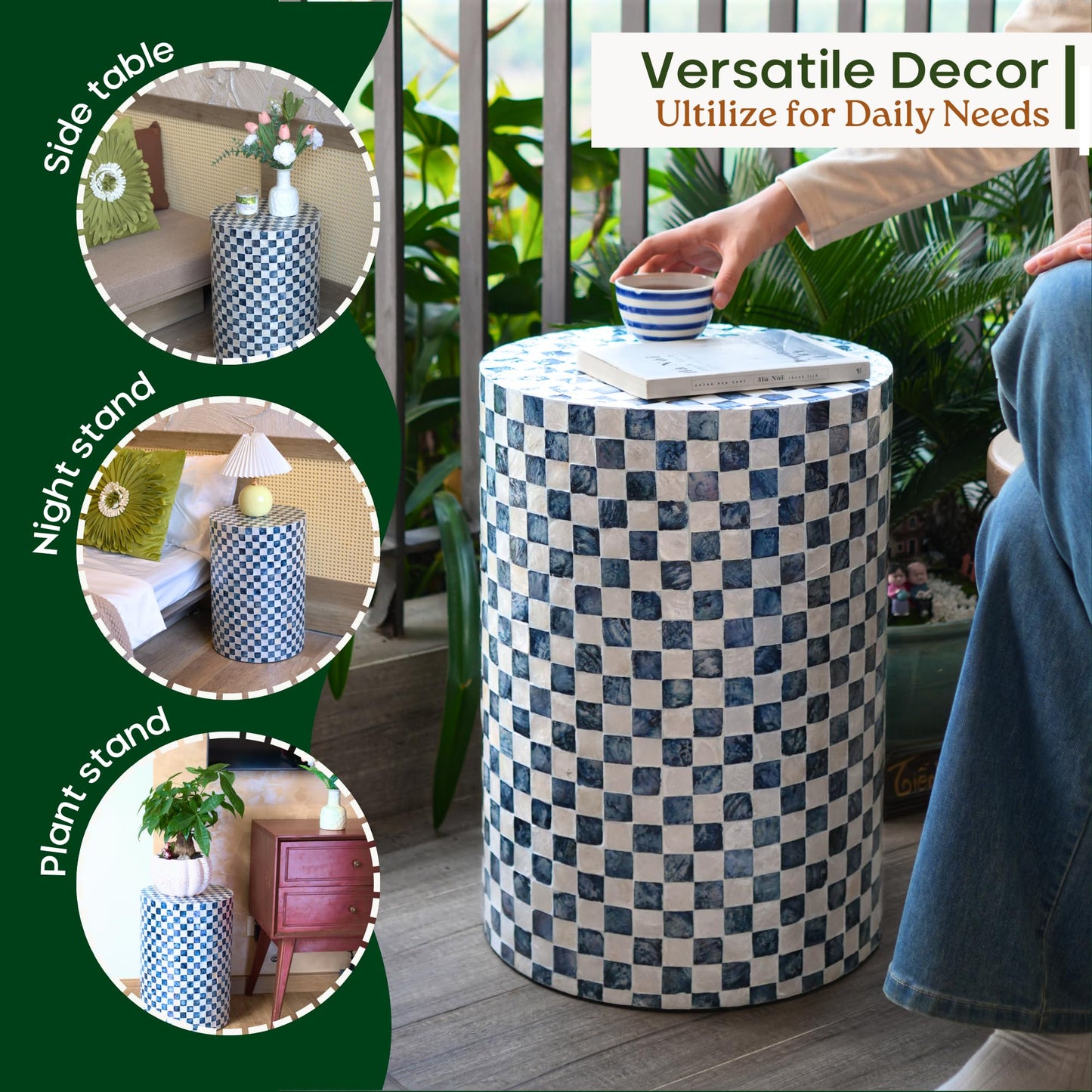 Chi An Home 19.3” Checkered Capiz Shells Drum End Table, Decorative Cylinder Side Table & Garden Stool, Round Pedestal Accent Table for Living Room, Bedroom, Indoor & Outdoor (Navy Blue)