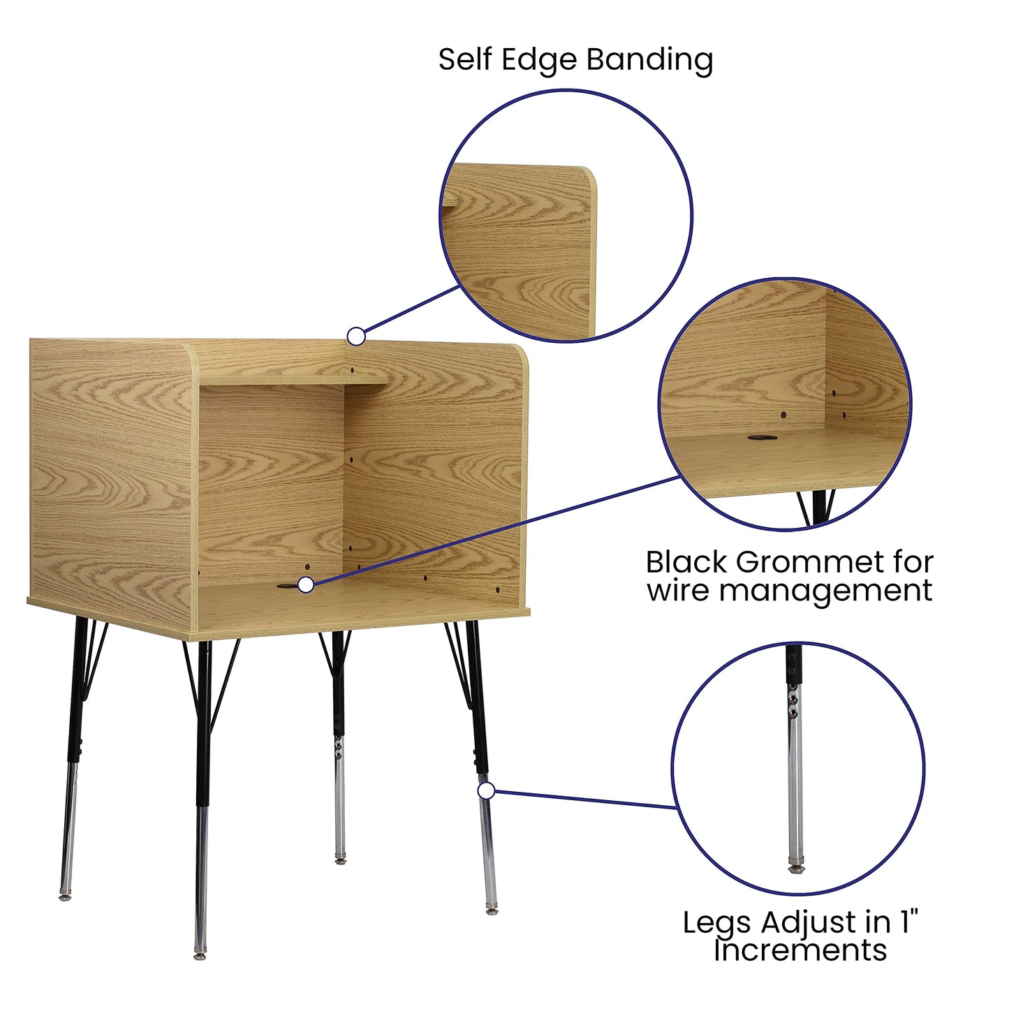 Flash Furniture Justin Study Carrel - Oak Finish with Top Shelf - Height Adjustable Legs - Wire Management Grommet
