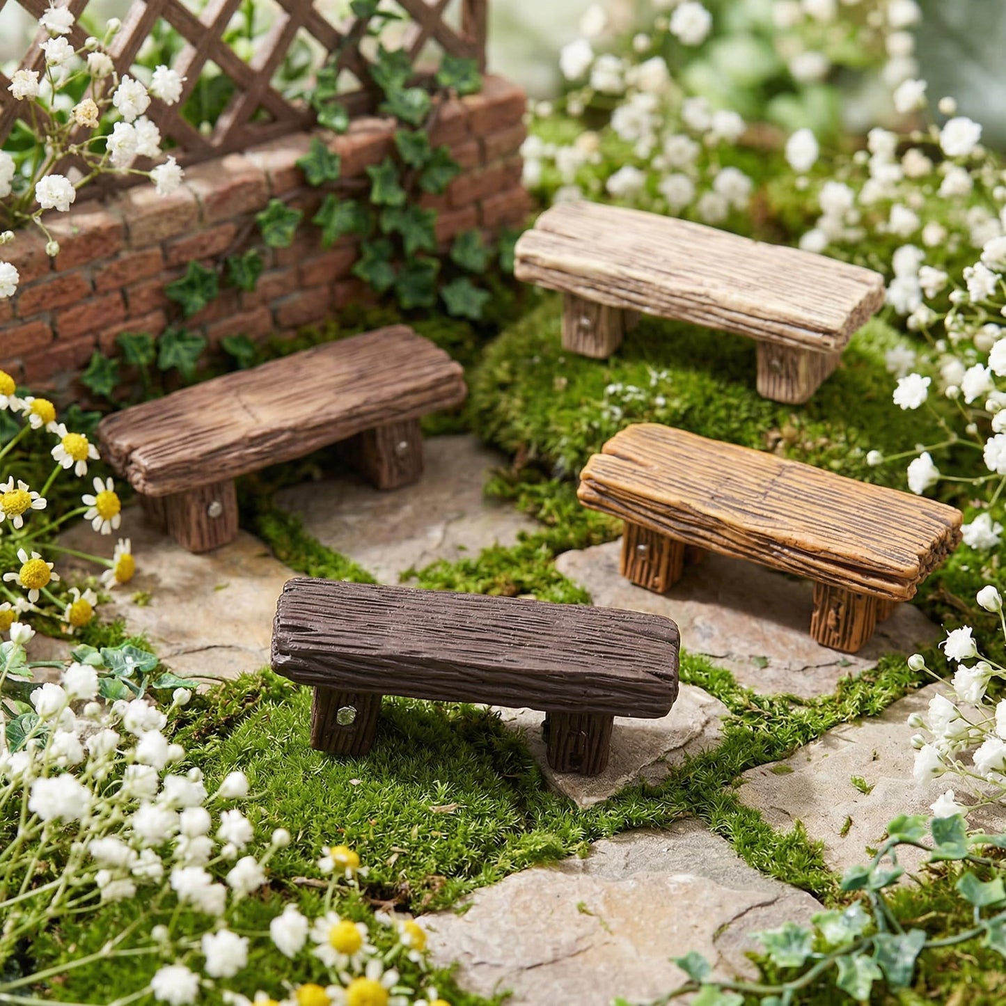 Veemoon 4pcs Miniature Fairy Garden Bench Mini Resin Furniture Decoration Tiny Furniture Ornaments Park Bench Statue Village Micro Landscape DIY Craft Figurines Bonsai Terrariums Dollhouse Zen Garden