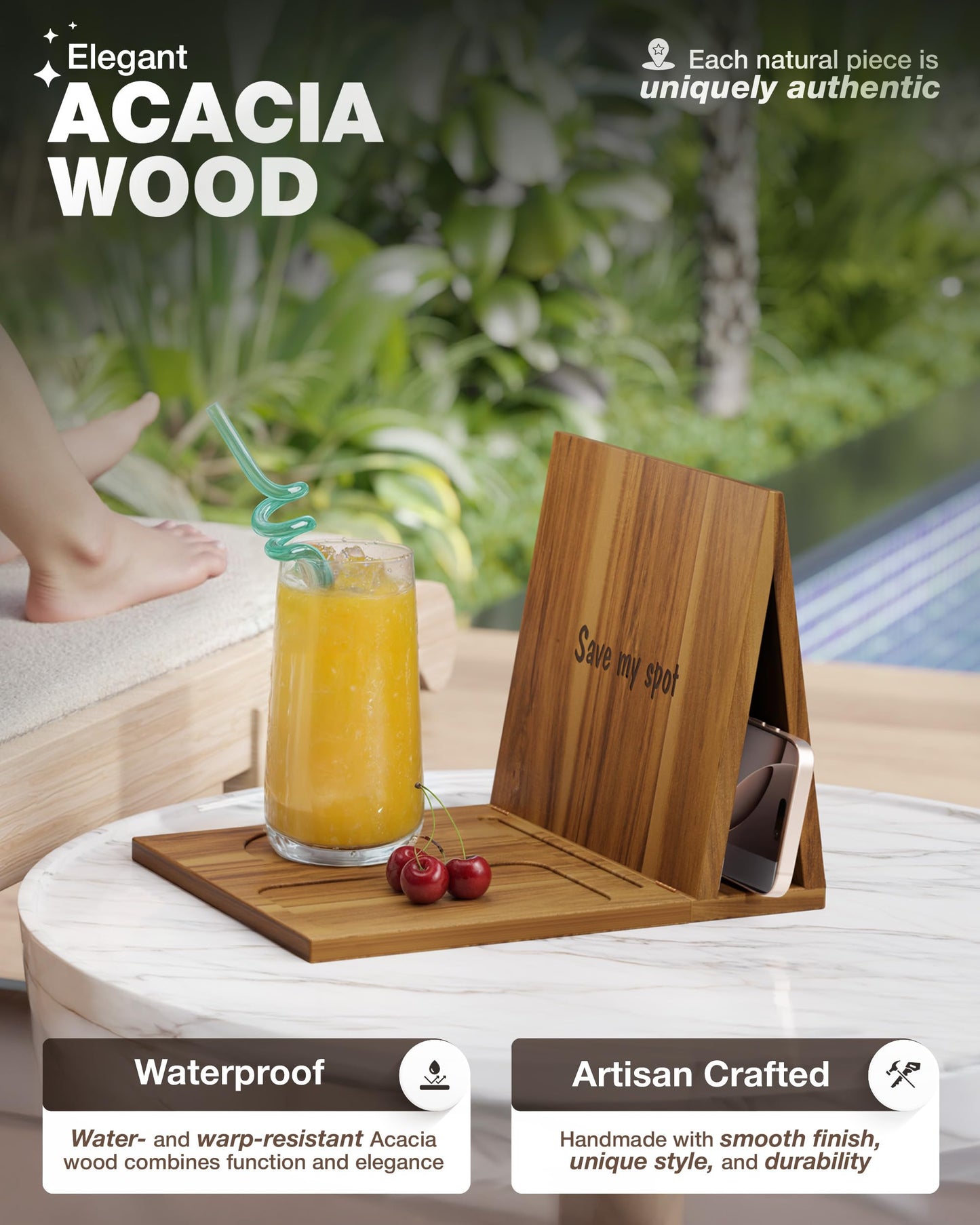 NAGAWOOD Triangle Book Holder, Wooden Book Stand for Reading Rest, Acacia Foldable Book Nook Reading Valet, Triangle Book Stand with Cup, Pen, Glasses and Phone Holder for Bedroom, Nightstand