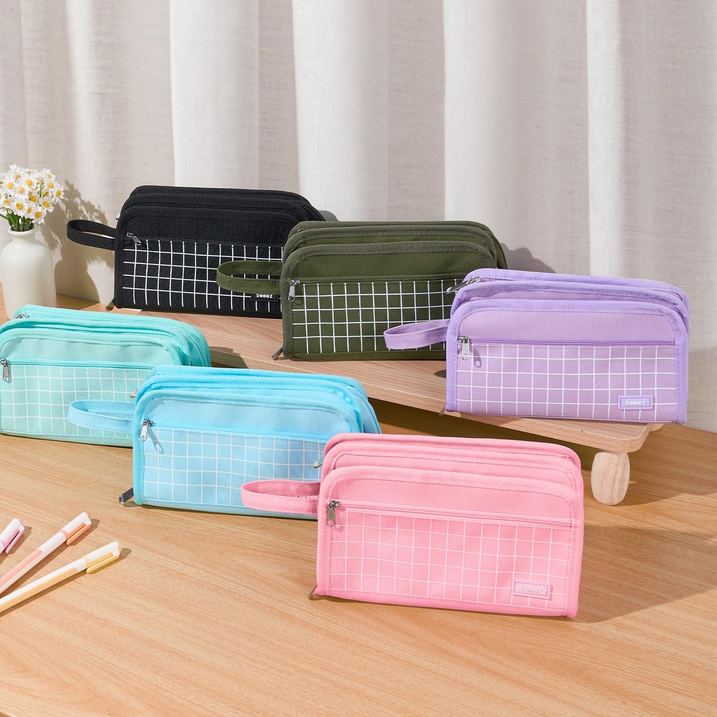 Sooez Large Pencil Case, Big Capacity Pencil Pouch Pen Bag with 3 Compartment, Portable Canvas Stationery Organizer with Zipper, Cute Aesthetic School Supplies for Teen Girls College, Pink with Plaid