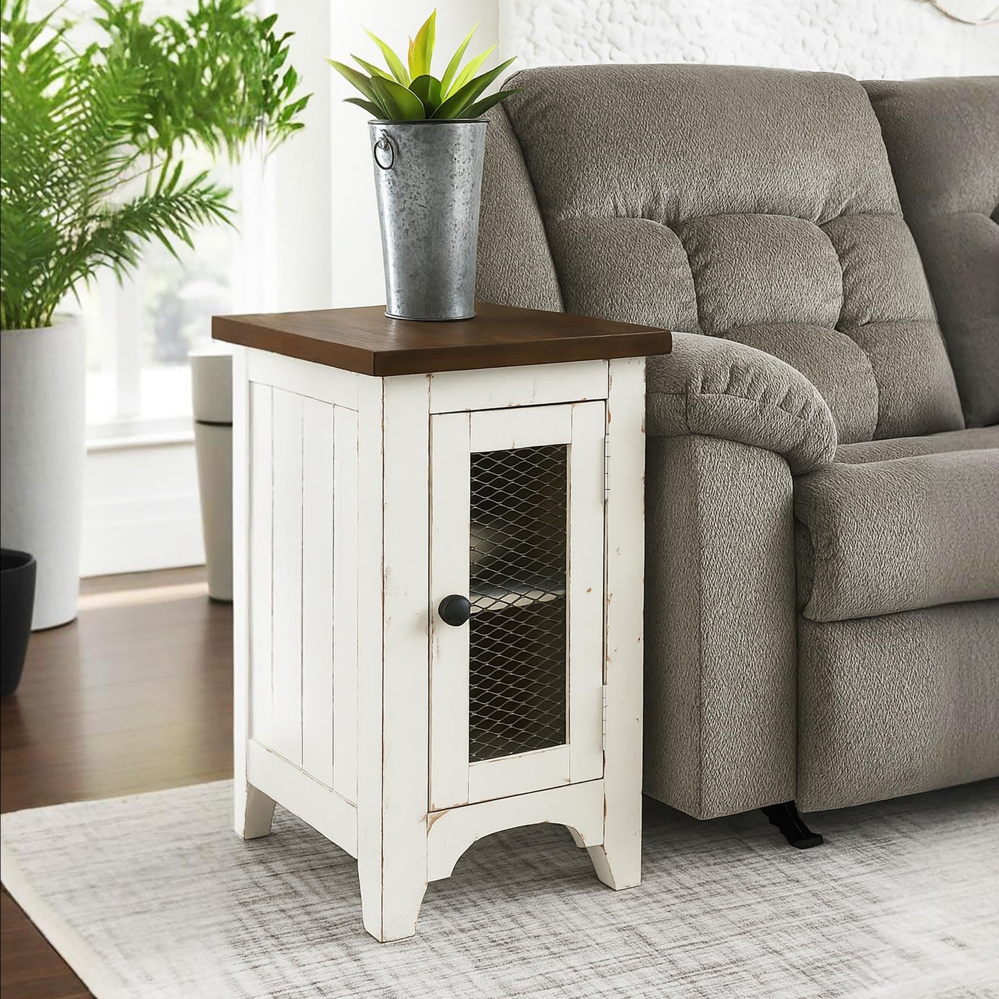 Signature Design by Ashley Wystfield Farmhouse Chair Side End Table with Cabinet Door for Storage, White & Brown with Distressed Finish