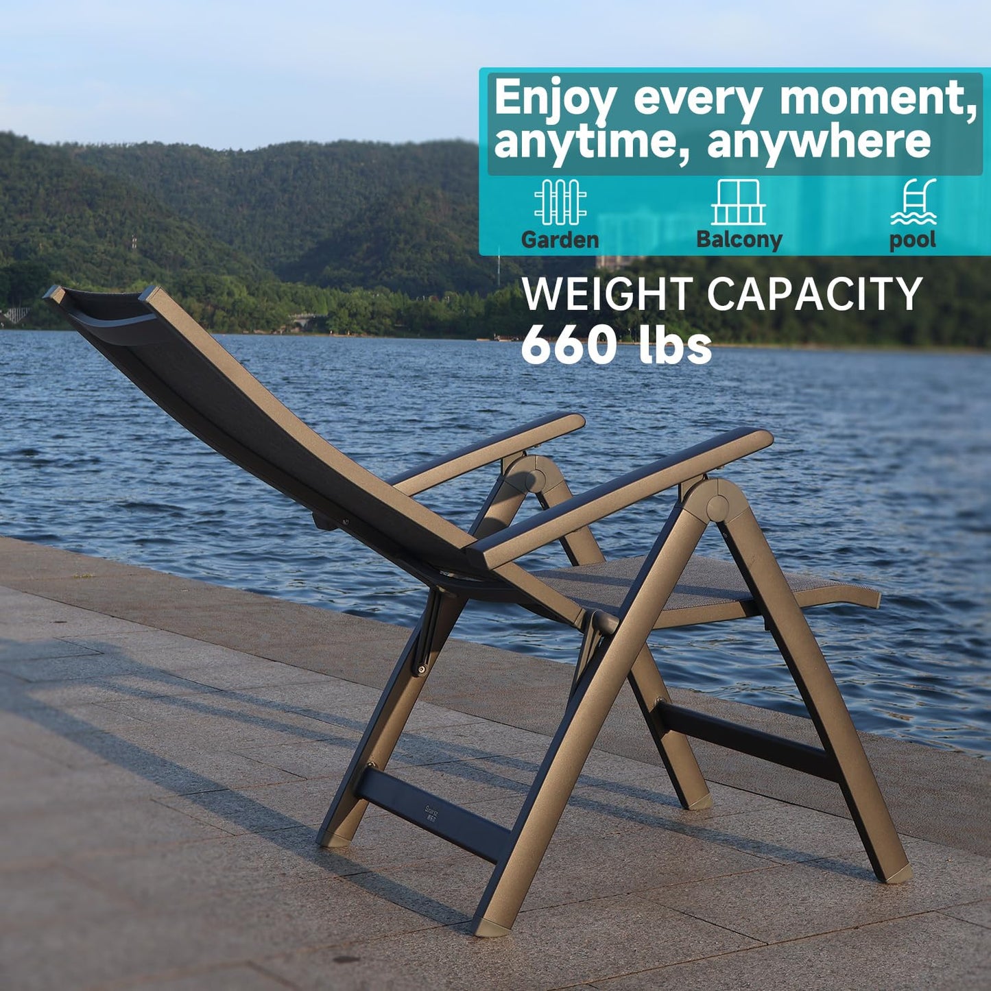 Sunairsz Folding Chair, Indoor & Outdoor Balcony, Patio Porch, Garden Lawn, Pool, for Comfortable Black Foldable Chairs, Portable Cozy Recliner, Metal Frame, Heavy Duty Durable