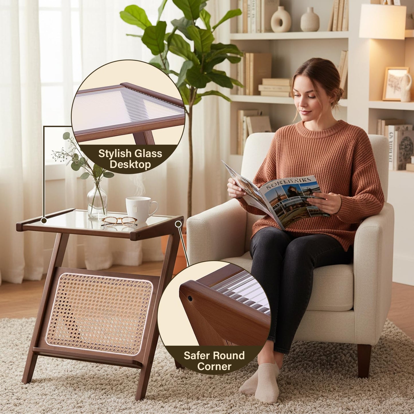 Tiita Rattan Side Table, Mid Century Nightstand, Bamboo Accent Bedside Tables, Glass Coffee Tables, Boho Wooden End Table with Storage for Small Space, Living Room and Bedroom
