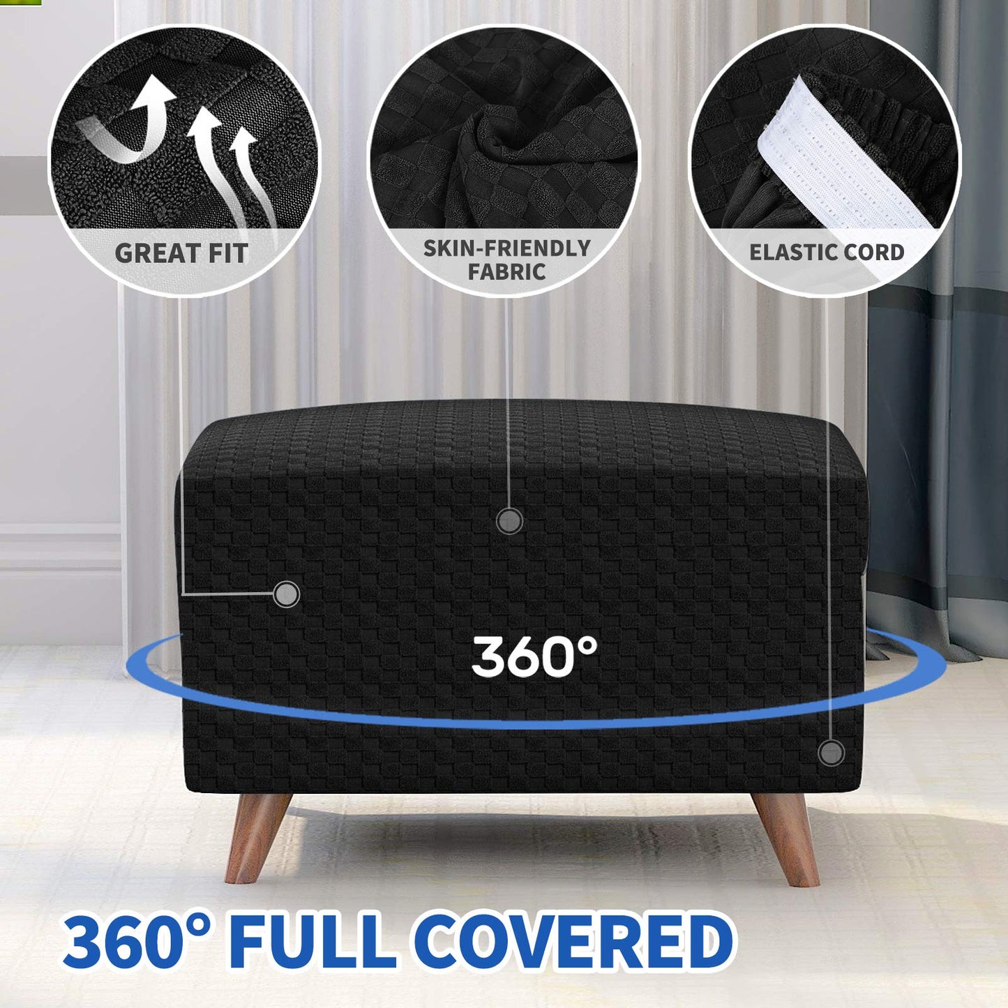 MAXIJIN Jacquard Ottoman Cover Slipcovers Folding Storage Stool Furniture Protector Cover Soft Thick Rectangle Foot Rest Slipcover with Elastic Bottom (Ottoman X-Large, Black)
