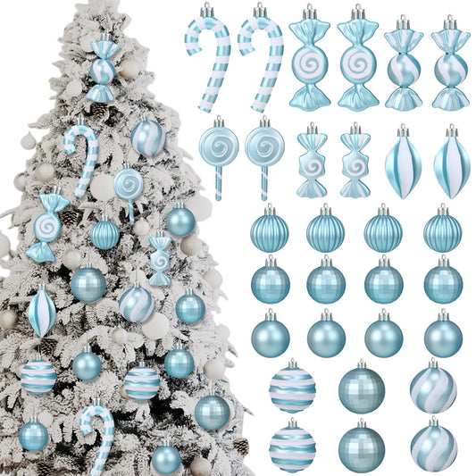 Soulchen 30 Pcs Pastel Blue Christmas Decor Set Pastel Blue Christmas Balls Candy Cane Lollipop Decorations Assorted Plastic Xmas Tree Hanging Ornaments for Home Xmas Holiday Party Decors