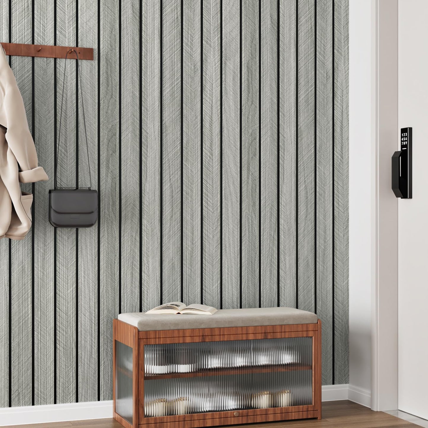 EPPKILY 3D Grey Wood Slat Wall Panel Wallpaper Peel and Stick Self Adhesive Waterproof Wood Acoustic Wall Panels for Bedroom Living Room Office Grey Textured Wooden Slats for Walls 11.8"×118"
