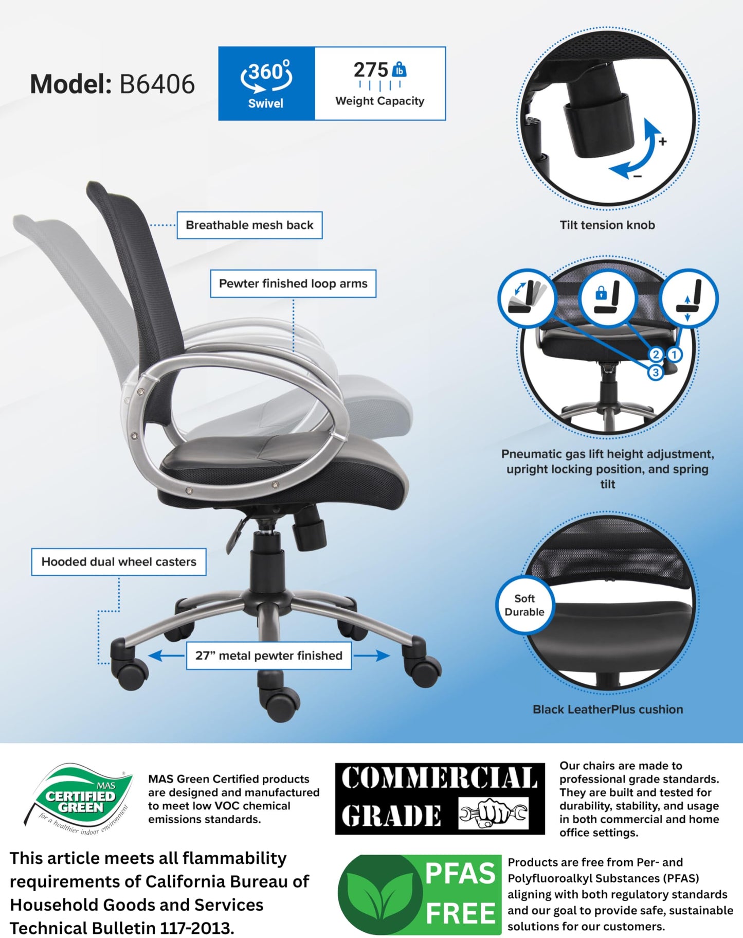 Boss Office Products Mesh Back Task Chair with Pewter Finish in Black, mid-Back (B6406)