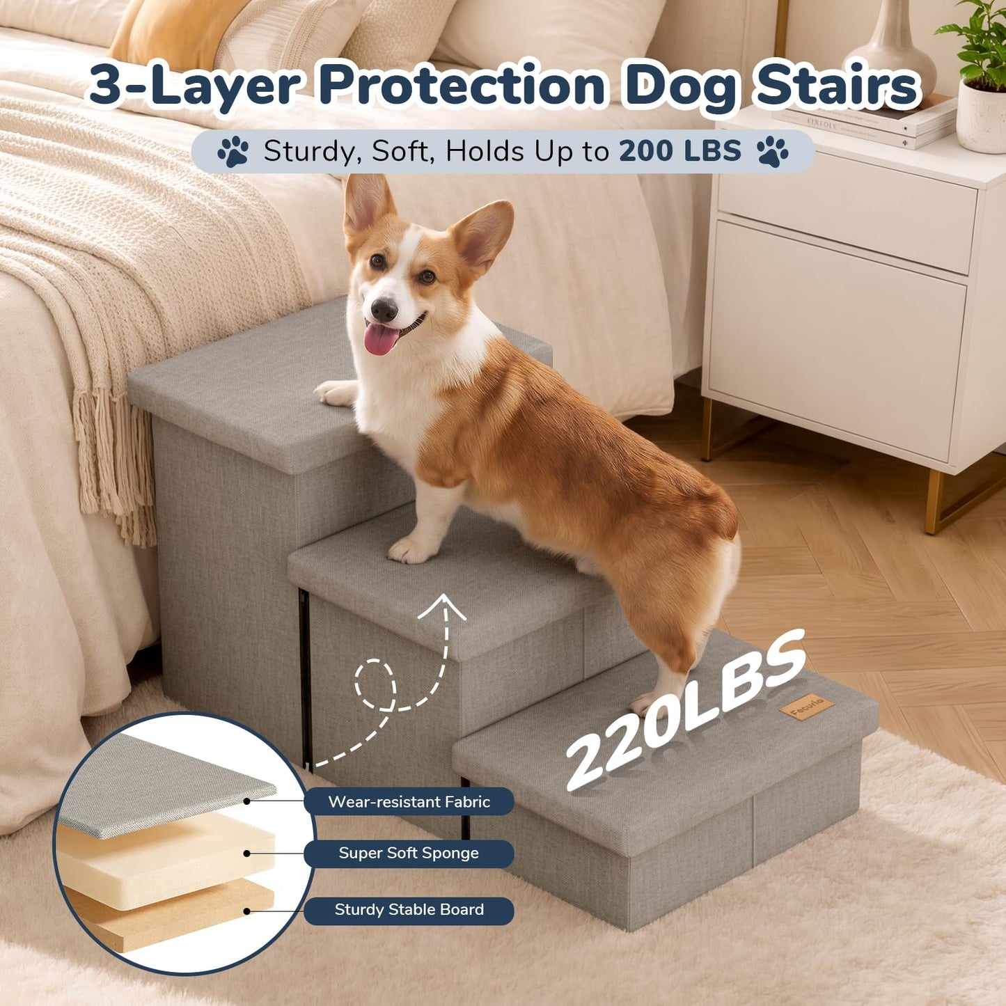 Fecuria 3-Step Wide Dog Stairs with Hidden Storage 18" H, Non-Slip Dog Steps for High Bed Couch Window Car, Jiont-Friendly Pet Stairs Ramp for Small/Medium/Large Old Dogs Cats Up to 220lbs, Grey