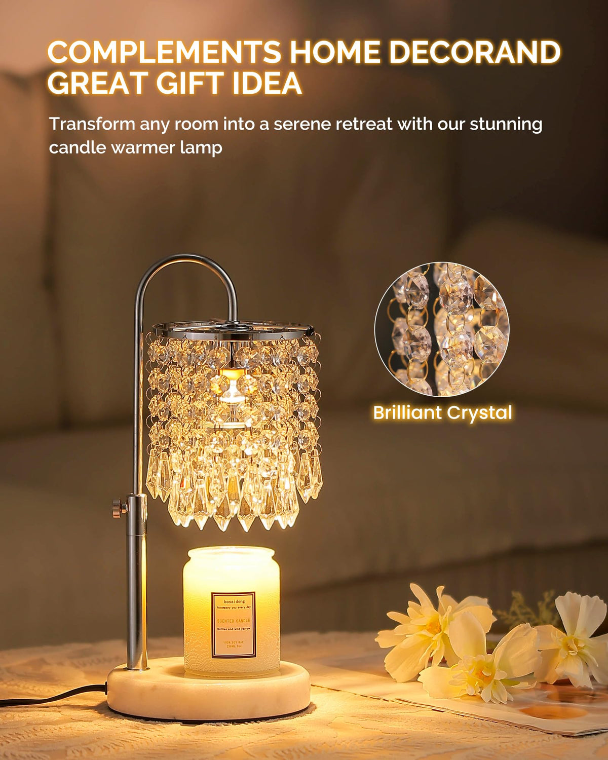 Candle Warmer Lamp with Timer Dimmer and 3 Bulbs, Candle Lamp Warmer with Marble Base for Adjustable Height, Crystal Candle Lamp for Jar Candles, House Warming Gifts Home Room Decor, Silver
