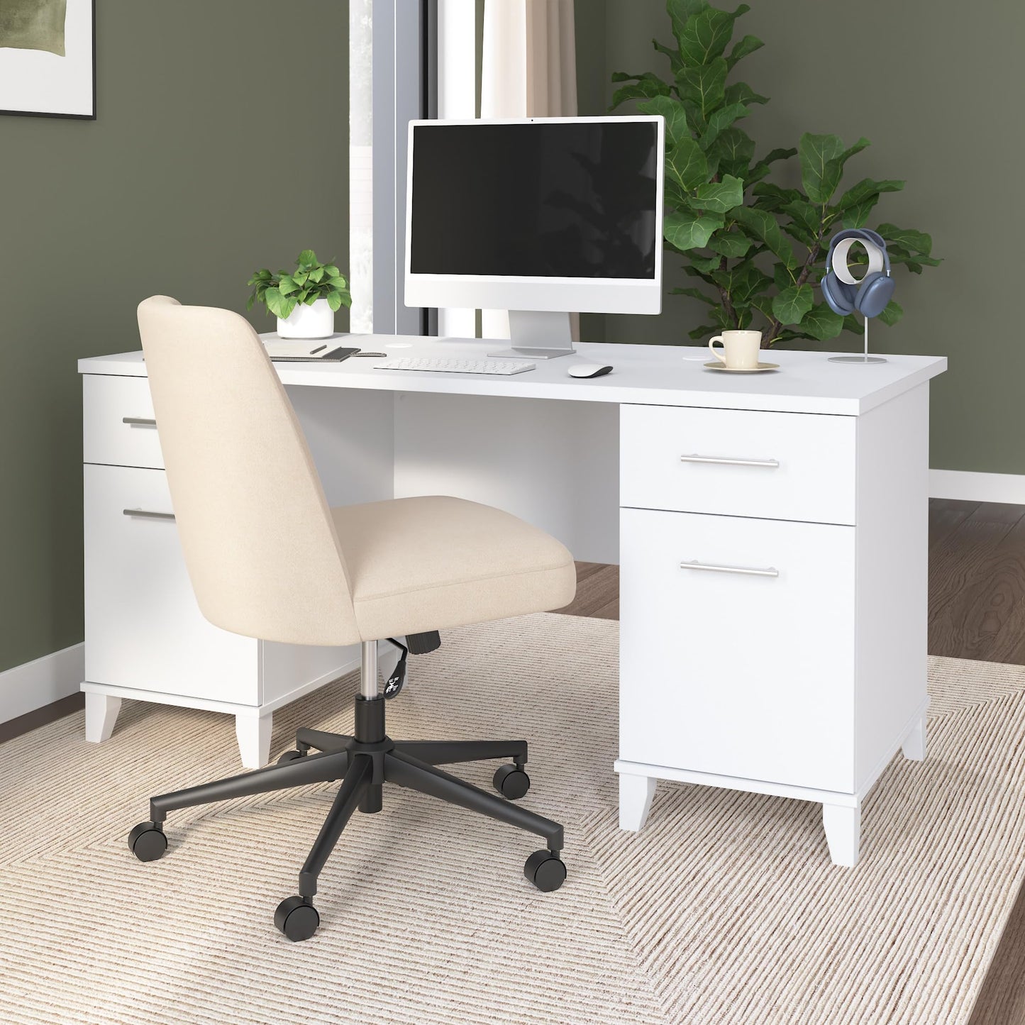 Bush Home 60-Inch Office Desk with Drawers, Computer Desk with File and Box Drawers, Home Office Workstation with Storage Cabinet, Writing Desk Furniture, Somerset Collection, White