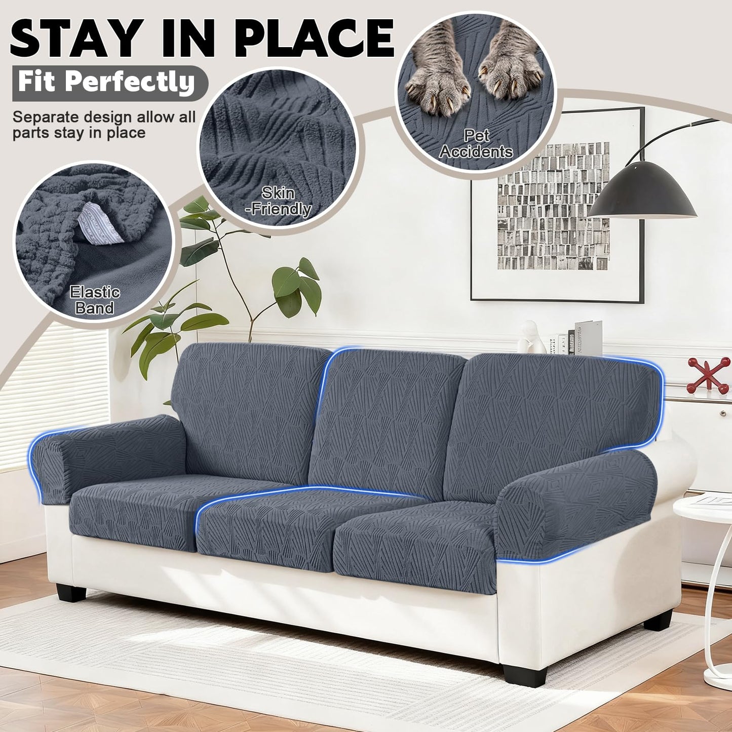VANSOFY Couch Cushion Covers for Sectional Sofa, Stretch Jacquard Couch Seat Cushion Covers, Individual Washable Furniture Protector Sofa Slipcovers for Pet (3Pc Seater or Back Cover, Grey)