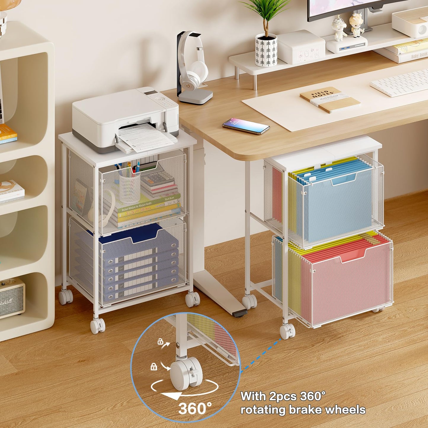 Sbanmao Letter/Legal Rolling File Cabinet, Rolling File Cart with 2 Drawers Filing Cabinet for Home Office, Hanging File Folders Organizer for Under Desk Storage, Mobile Printer Stand, White