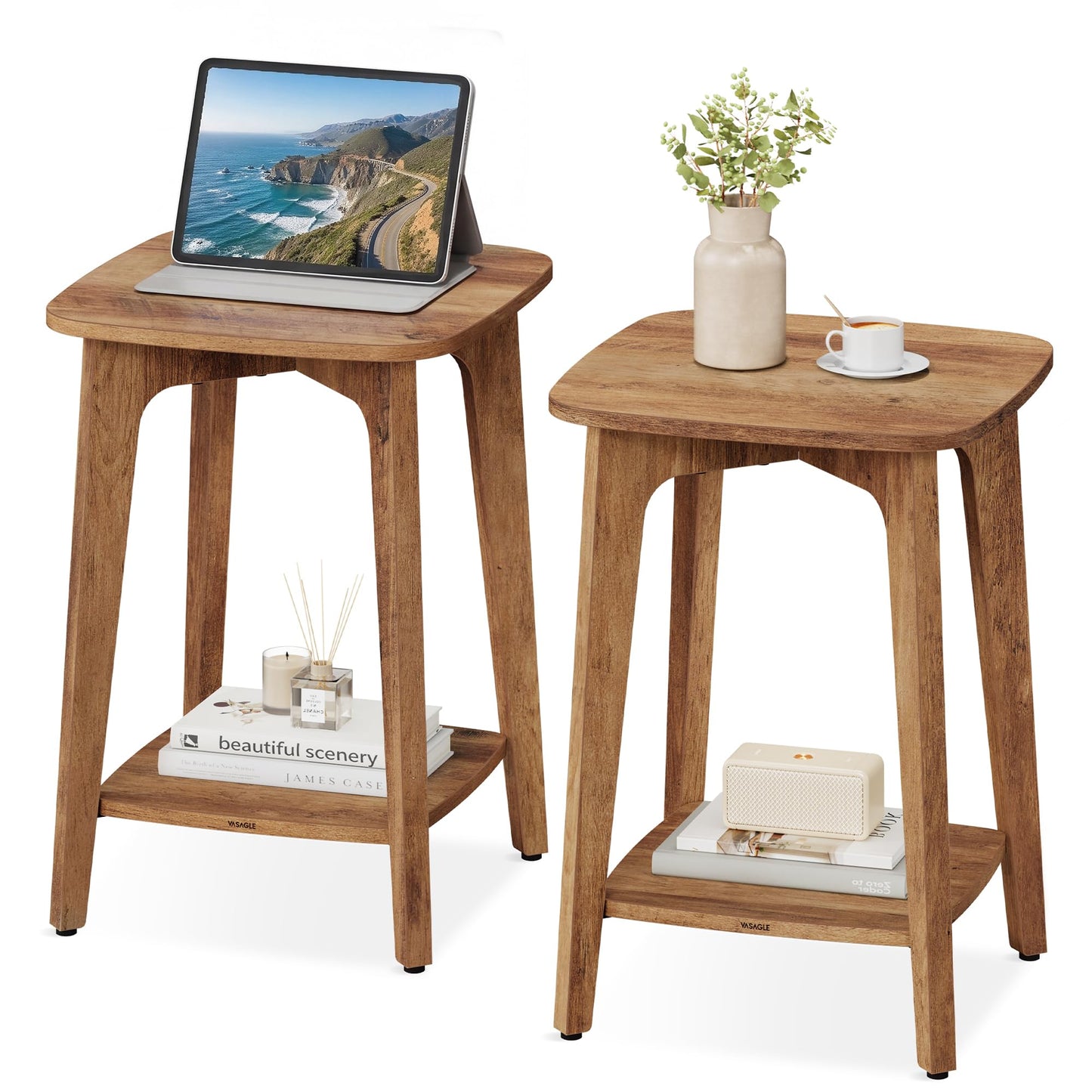VASAGLE MAEZO Collection - Side Tables, Set of 2, 2-Tier Small Square End Tables, Nightstands with Tapered Legs, Curved Transitions, for Small Spaces, Living Room, Bedroom, Honey Brown ULET238KB01S