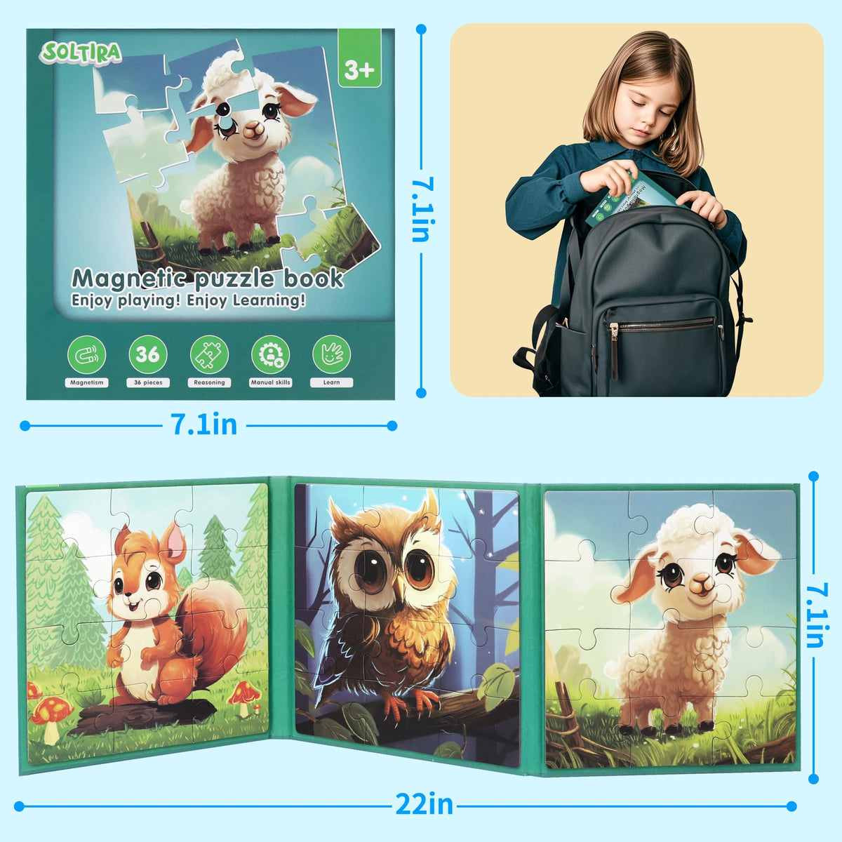 Magnetic Puzzles for Toddlers 3-5 36PCS-3 Animal Themes Magnetic Puzzles for Kids 4-6 Travel Puzzle for Airplane/Car/Road Trip/Gift Toys for 3 4 5 6 Year Old Girls and Boys