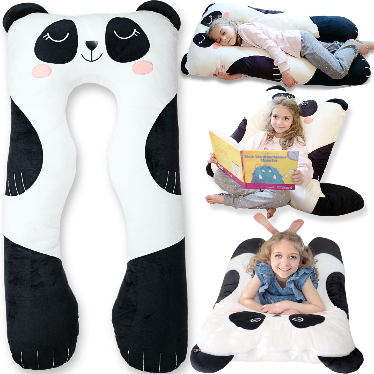 LUNAMIRA Panda Kids Body Pillow - 47" U-Shape Long Plush Soft Animal Pillow for Kids, Sleeping, Reading, ADHD & Special Needs Comfort, Anxiety, Washable Cover, Snuggle Fun Cuddle Gift for Boys & Girls