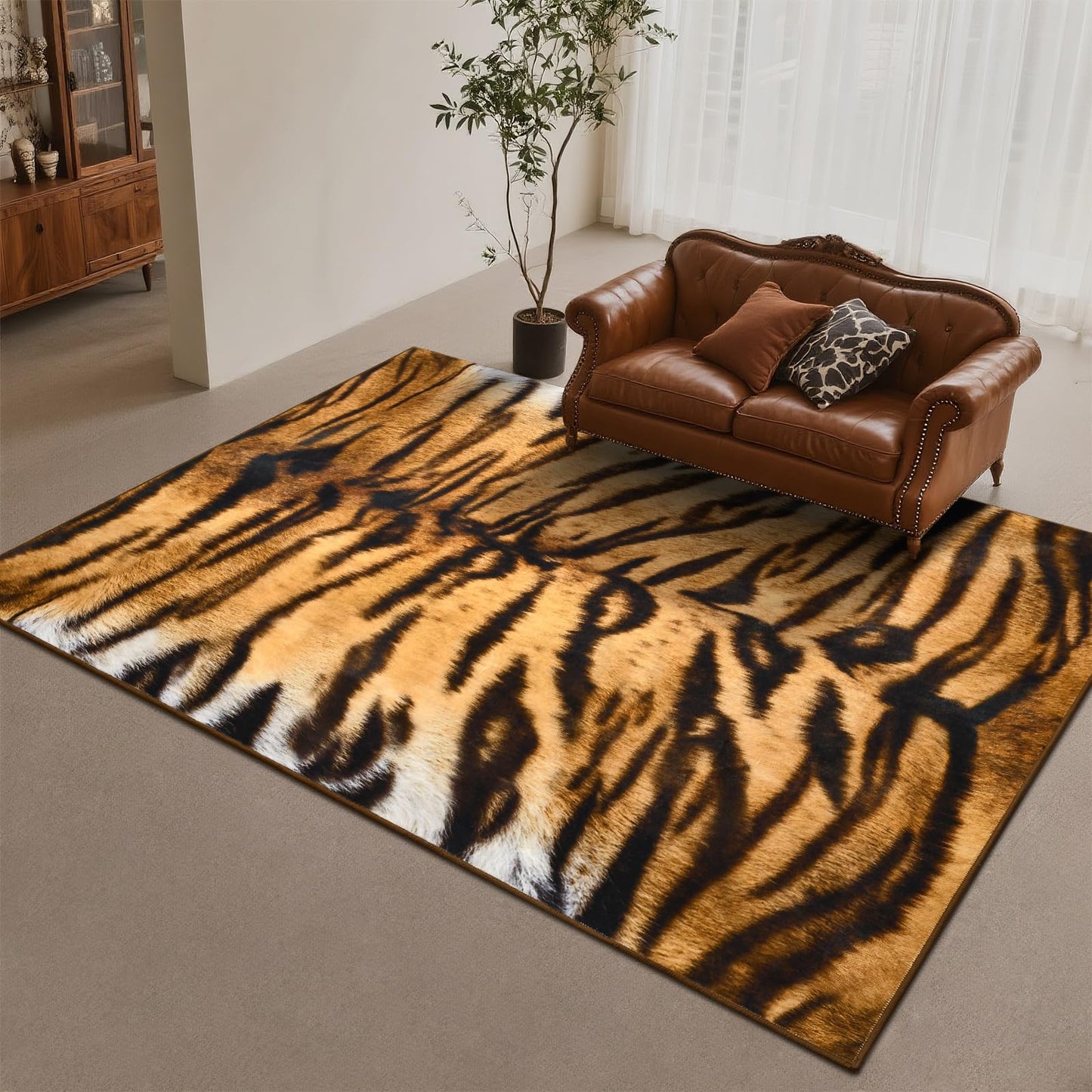 DweIke Tiger Rugs for Living Room, 5x7 Soft Faux Animal Tiger Print Area Rug, Washable Non-Slip Stain Resistant Throw Carpet for Dining Room Office Western Home Decor