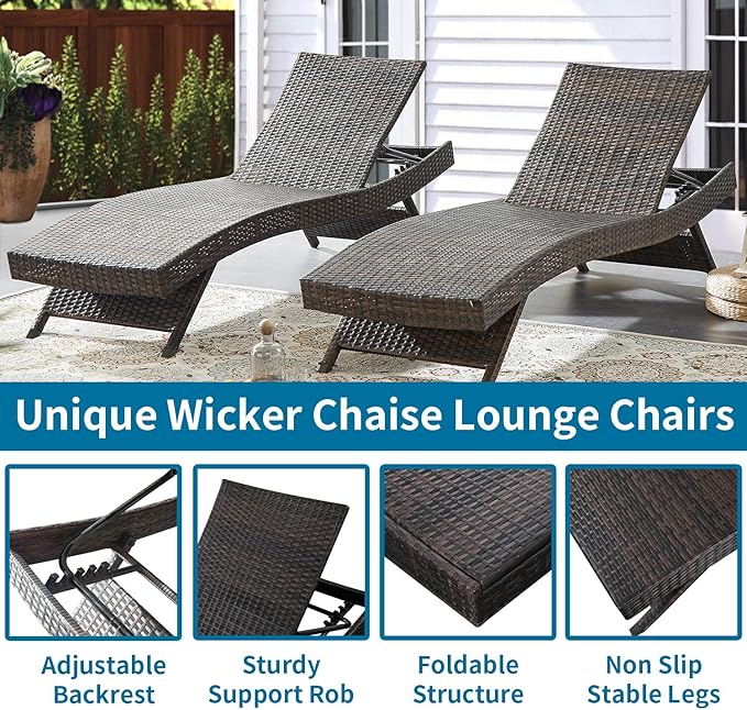 79'' Long Reclining Chaise Lounge Set, Outdoor Wicker Reclining Lounge Chair