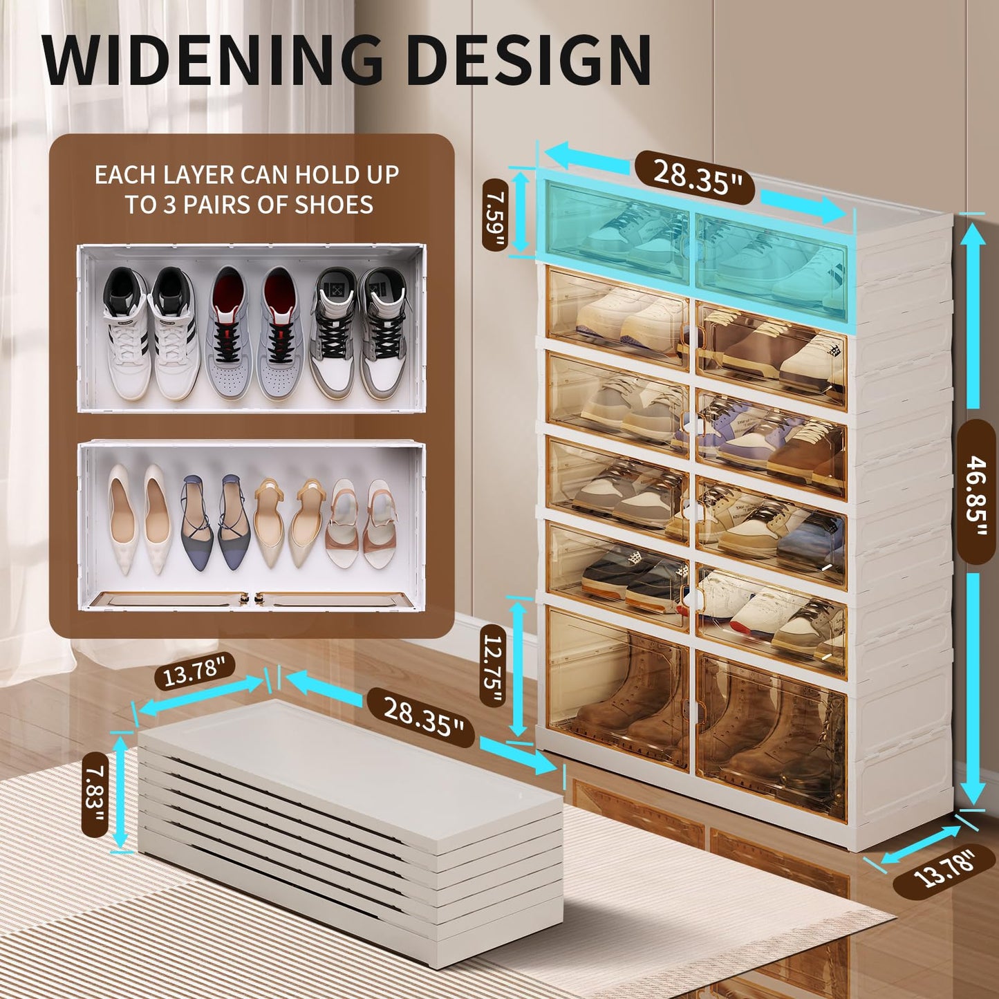 CIMLORD 6-Tier Foldable Shoe Rack Organizer for Closet, 18 Pairs Collapsible Plastic Shoe Shelf, Large Shoes Cabinet with Door, Clear Stackable Storage Box Easy Assembly White