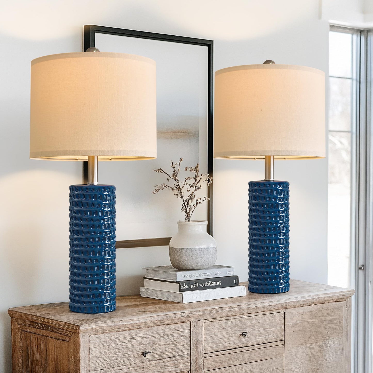 PORTRES 24.75" Modern Accent Ceramic Table Lamp Set of 2 for Bedroom Desk Decor Bedside Lamps for Living Room Study Room Office Dorm Farmhouse Nightstand Lamp End Table Lamps (Blue)