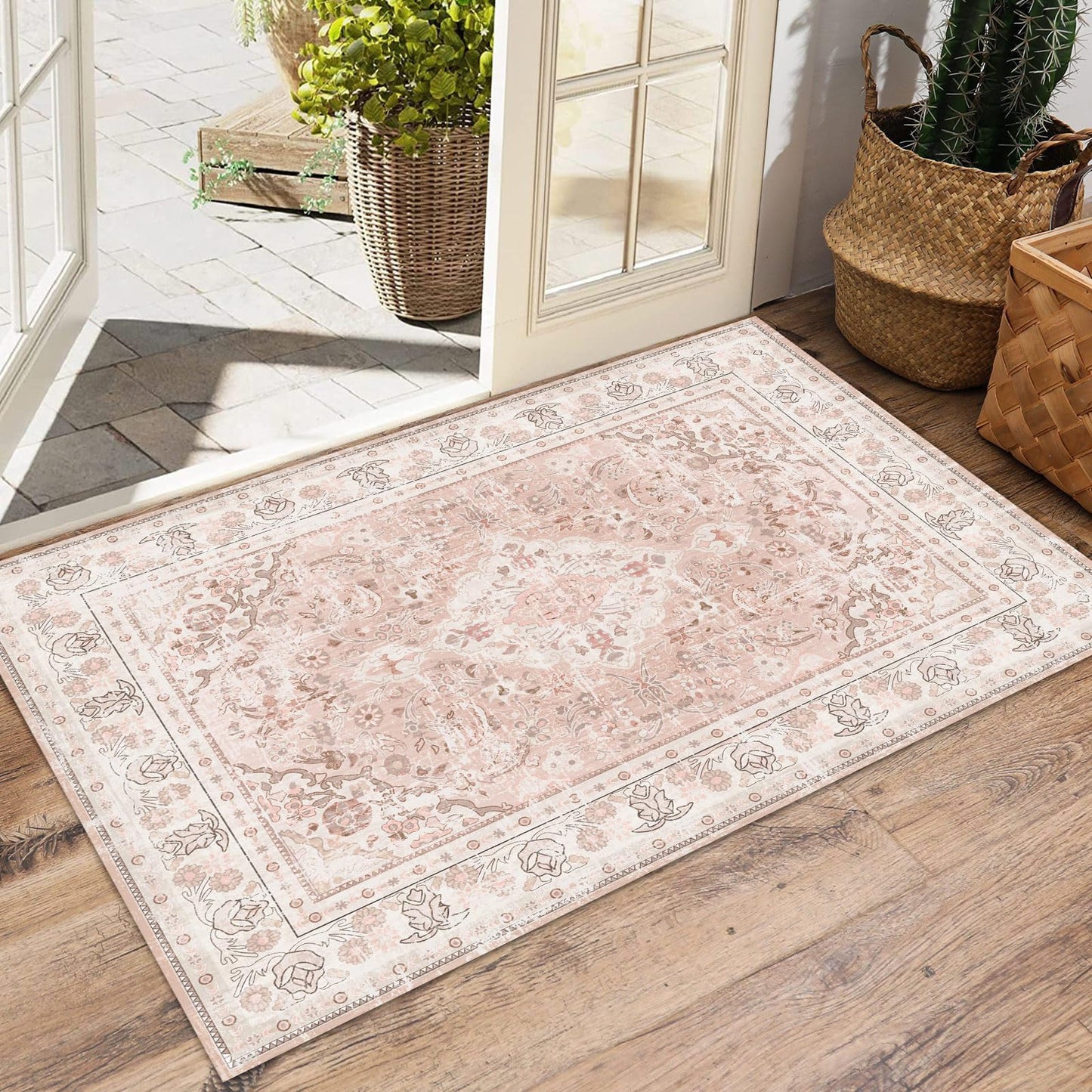 Vhong 2×3 Dusty Pink Area Rugs Washable Boho Vintage Modern Neutral Small Carpet Doormat for Bathroom Kitchen Entryway Girls' Room Nursery Room Non Slip