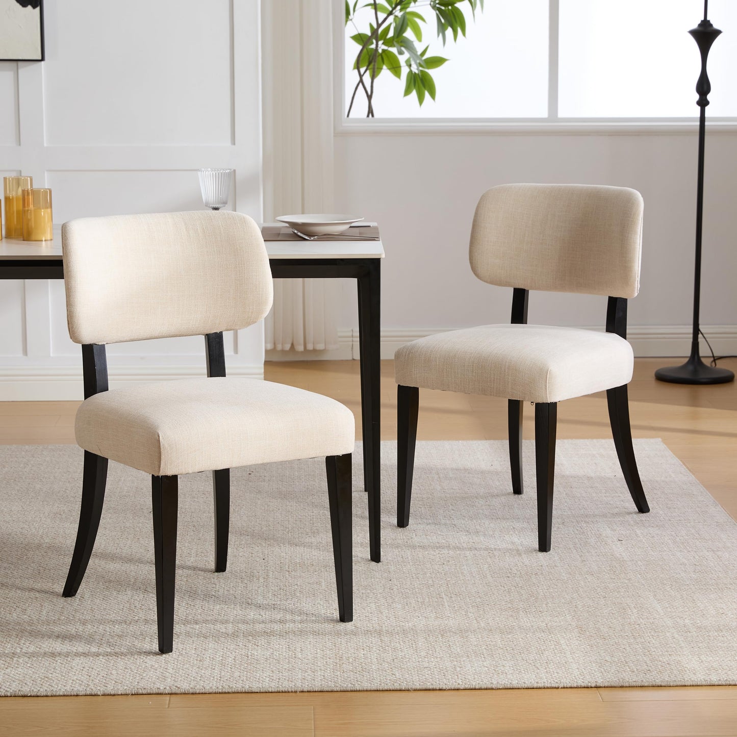 Wood Upholstered Dining Chairs Set of 2, Modern Linen Fabric Accent Side Seating with Padded Backrest, Armless Farmhouse Kitchen Room Furniture for Breakfast Nook Apartment Restaurant (Beige)