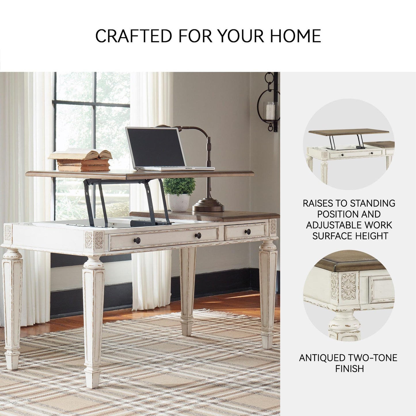 Signature Design by Ashley Realyn Home Office Lift Top Desk, USB Charging, Spring Lift Top, Smooth-gliding Drawer, 60" W x 28" D x 31" H, Chipped White and Brown