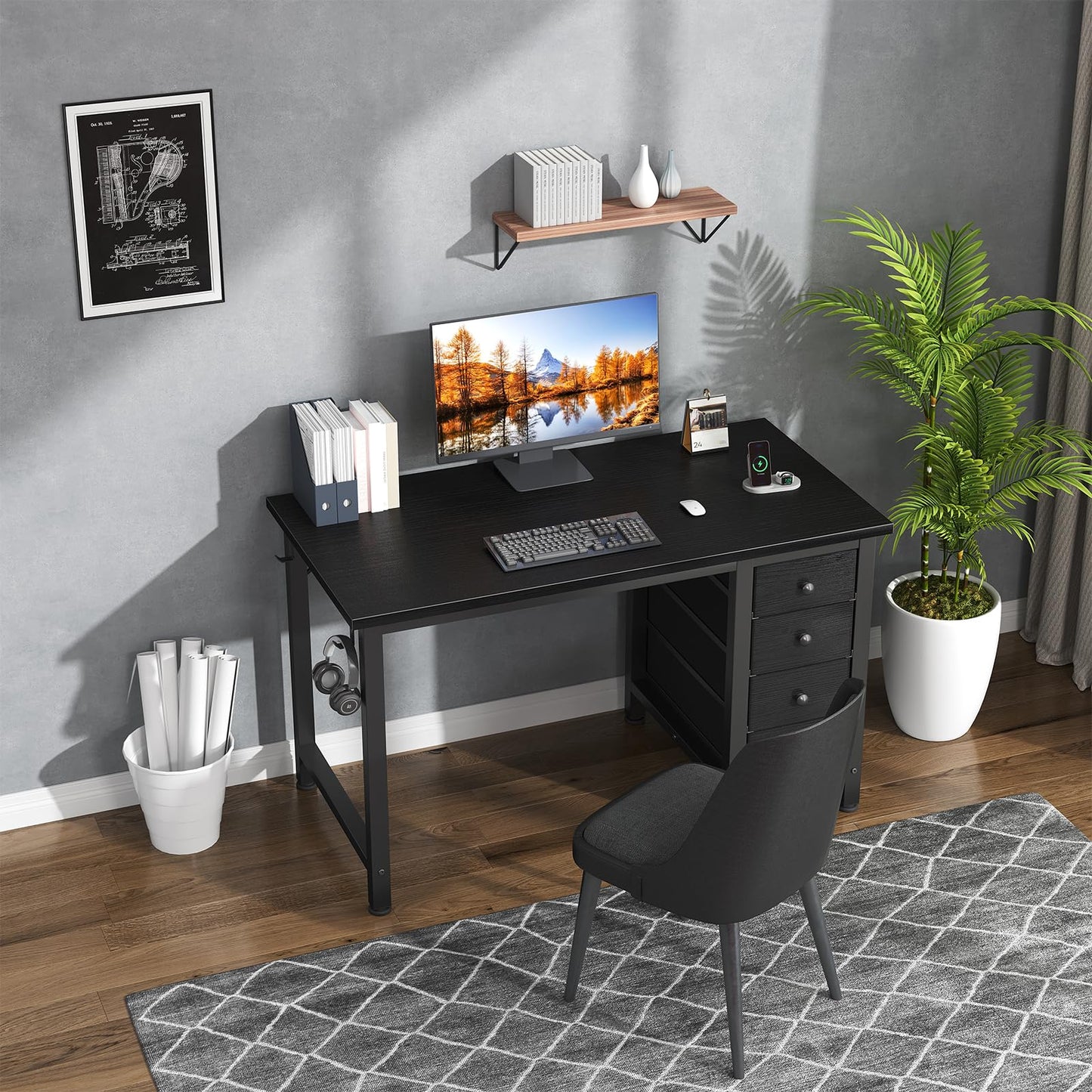 Lufeiya Small Gaming Desk with 4 Drawers, 40 Inch Kids Girls Teen Cute Study Desk for Bedroom, Reversible Work Computer Writing Table Desks for Small Space Home Office, Black