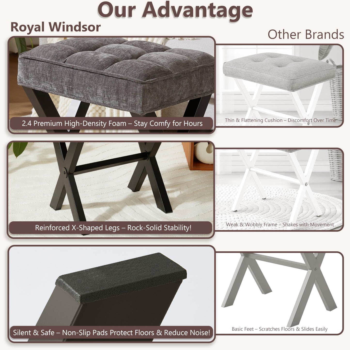 Royal Windsor Vanity Stool,Square Ottoman Stool Foot Rest,Upholstered Vanity Chair Foot Stool with Metal X Legs, Small Vanity seat for Entryway,Bedroom and Living Room,Linen Dark Grey