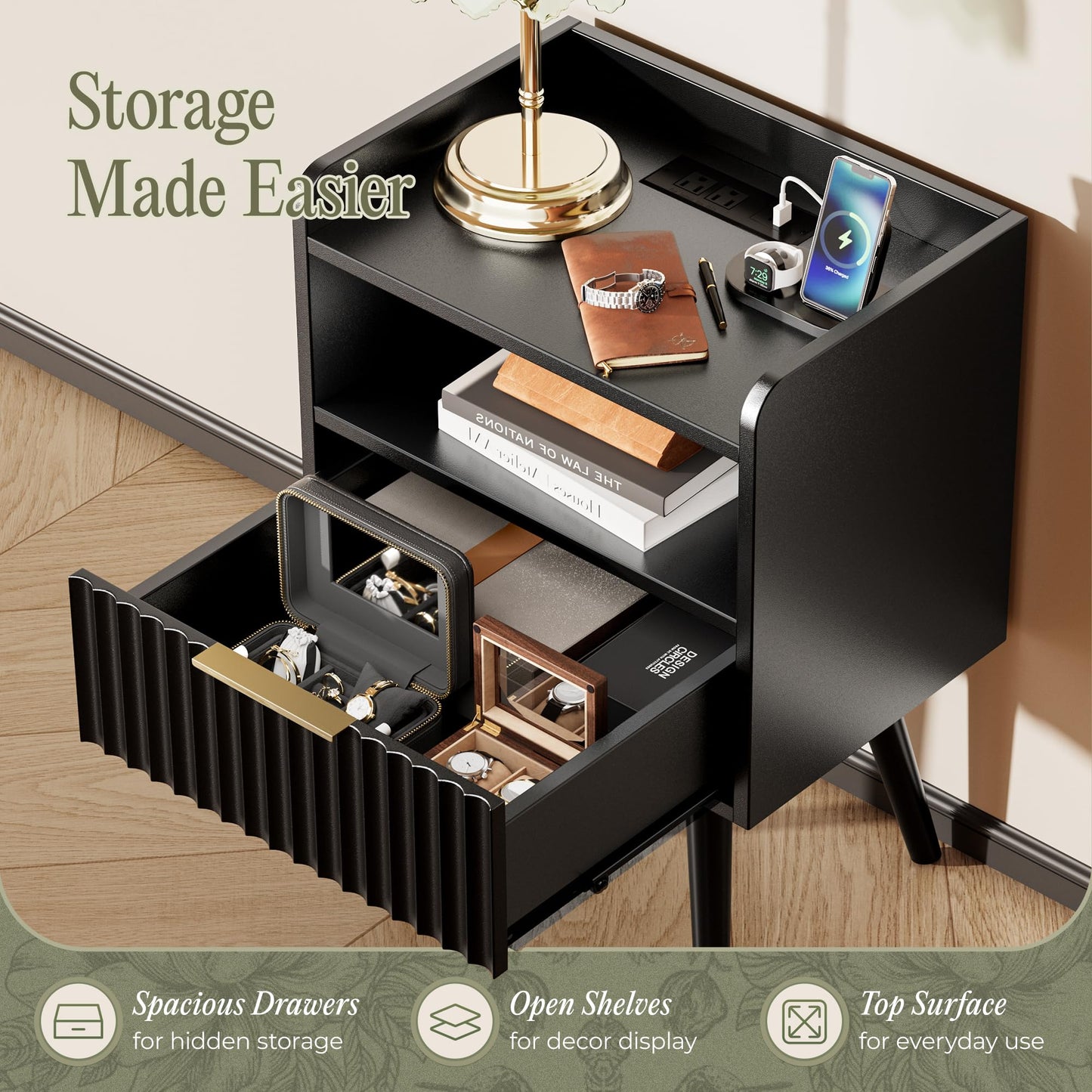 Huuger Nightstand with Charging Station, USB-C Port, Fluted Night Stand with Drawer, Bed Side Table with Solid Wood Feet, Open Storage, End Table with Raised Edge, for Bedroom, Black