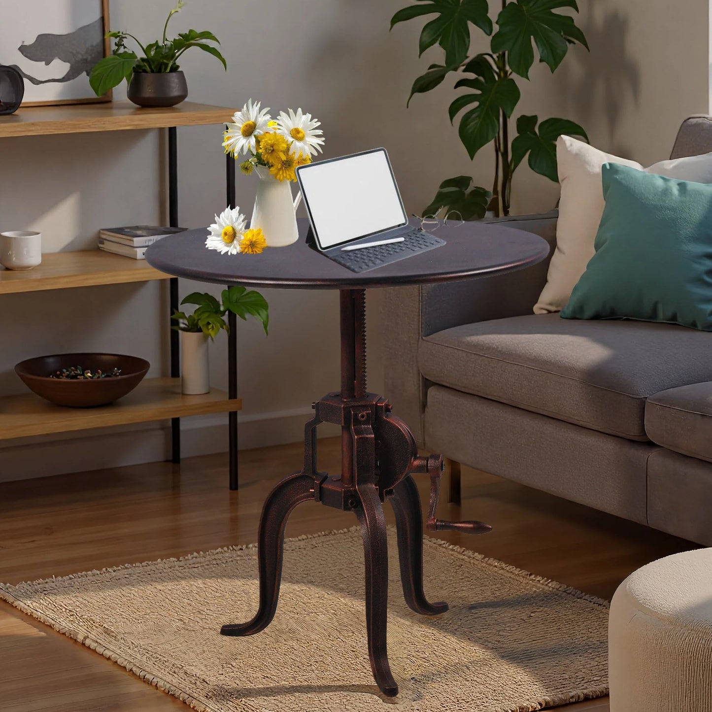 Topower Industrial Retro Side Table Antique Mechanic Crank Height Ajustable Metal Top Three-Legged Farmhouse Accent End Table Copper