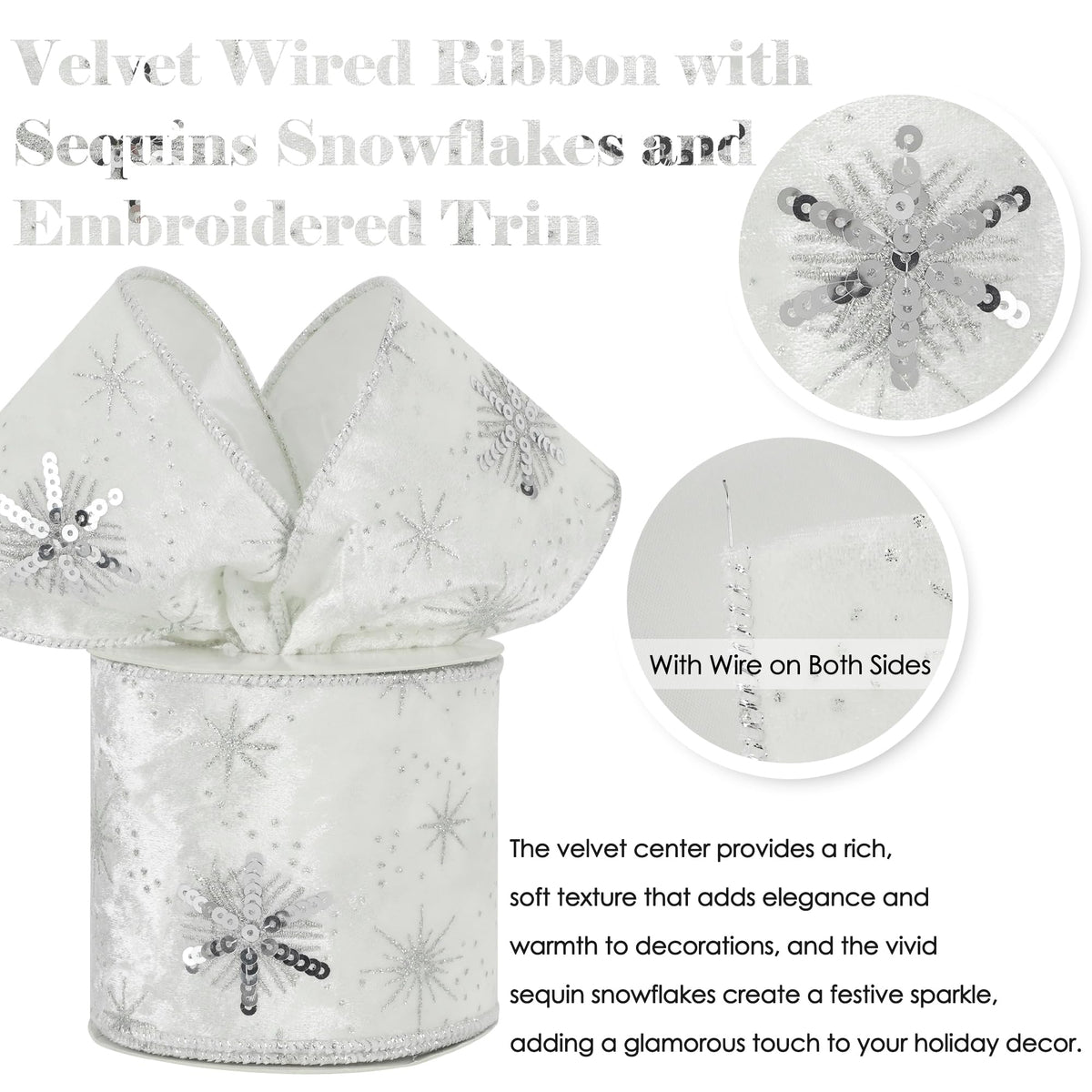 HUIHUANG White Christmas Ribbon 4 Inch Velvet Wired With Sequin Snowflakes - Silver and White for Tree Decoration, Top Bows, Garlands, Staircases, Wreaths - 10 Yards