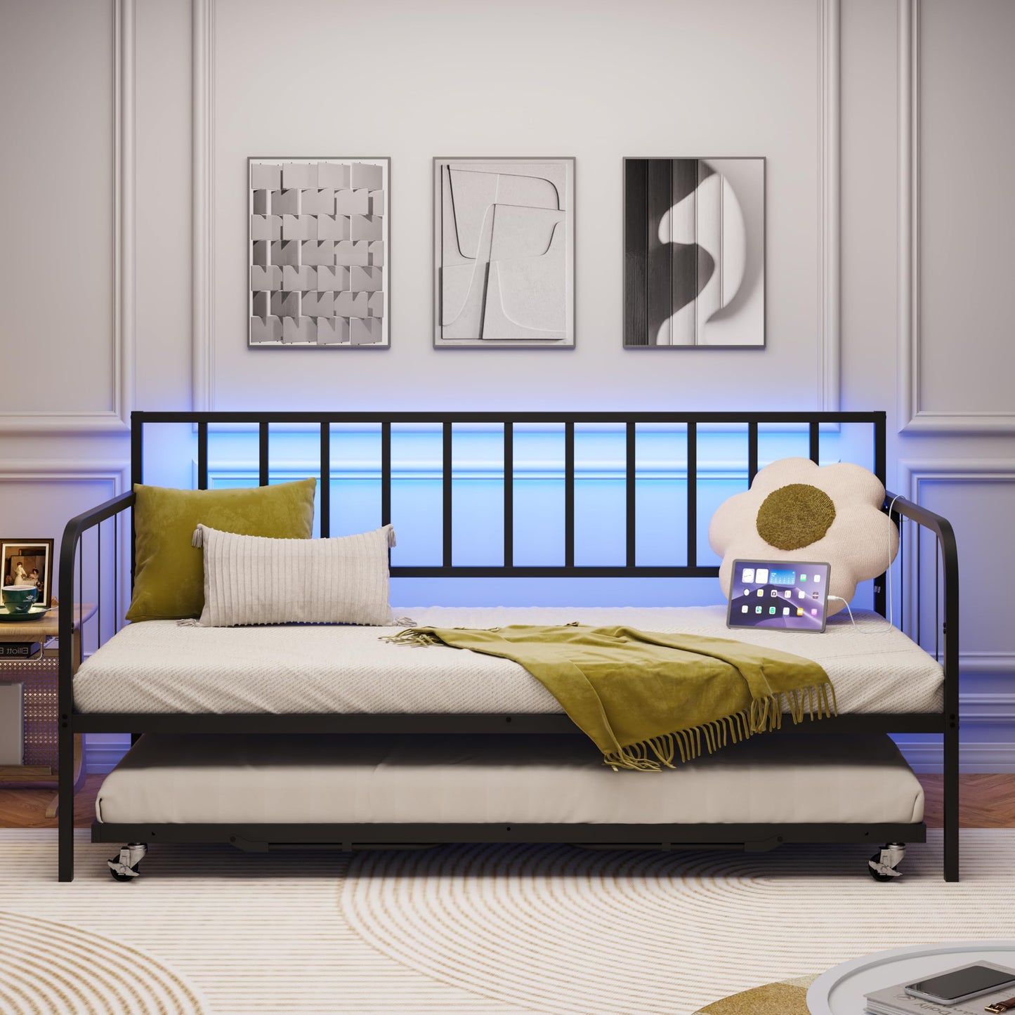 JOJOZOO Daybed with Trundle, Heavy Metal Twin Size Bed with USB Charging Station & LED Lights, Space Saving for Living Room, Bedroom, Guest Room