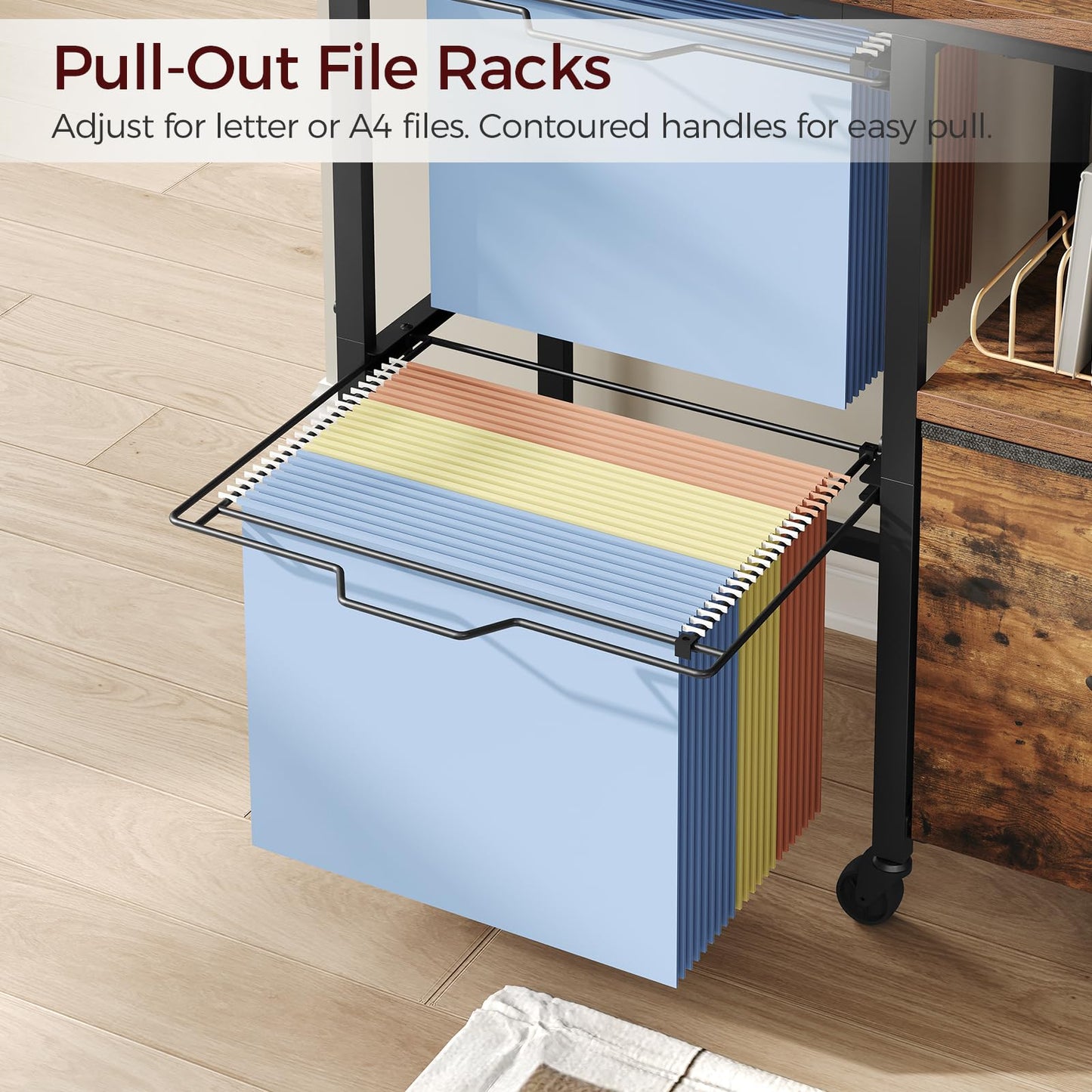 MAHANCRIS File Cart，Lateral File Organizer with Fabric Drawer & Hanging File Holders, Mobile File Organizer for Home Office, Printer Stand with Wheels & Adjustable Feet, Rustic Brown FCHR6001