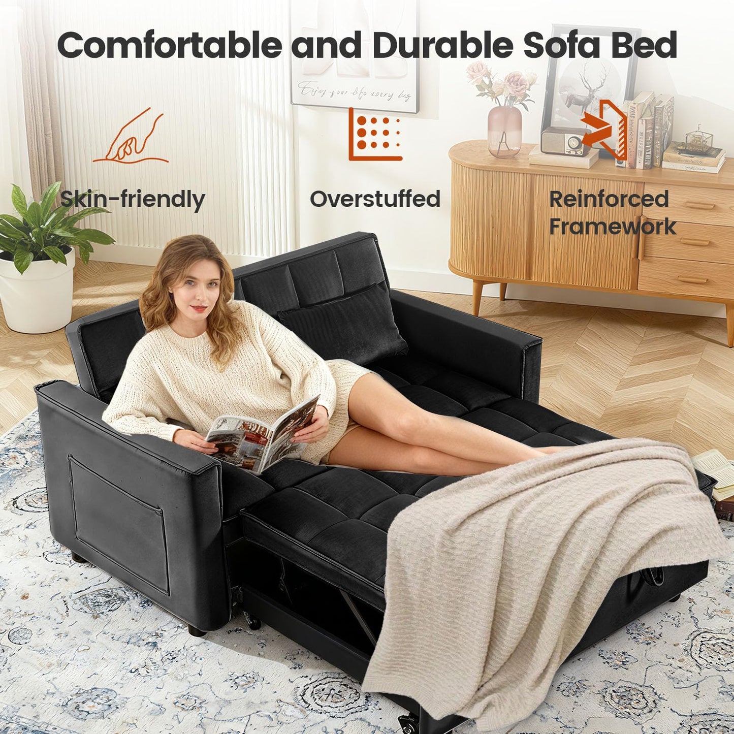 Trygoal 3 in 1 Sofa Bed, Loveseat Sleeper Sofa Bed with Side Pockets, Velvet Fabric Pull Out Couch with Adjustable Backrest for Living Room, Bedroom, Apartment, Black