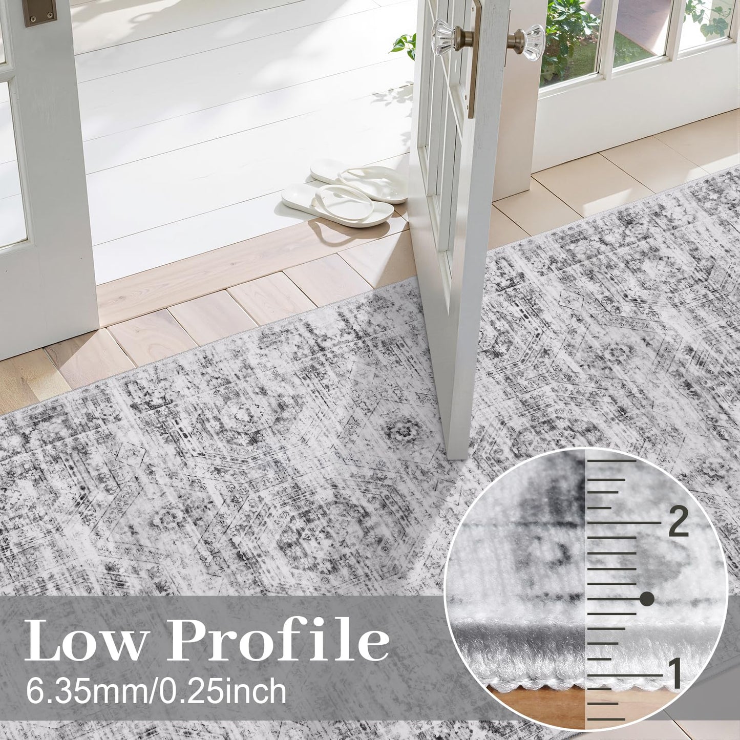 Suconsun 8' x 10' Area Rug, Washable Non-Slip Vintage Low-Pile Faux Wool Carpet, Soft Pet Friendly Farmhouse Rug for Living Room Bedroom Dining Room, Grey