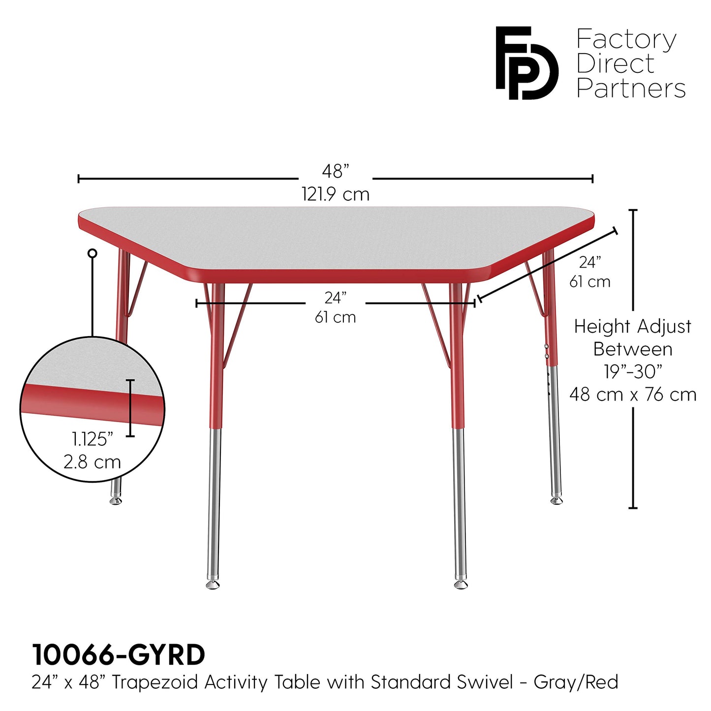 FDP Trapezoid Activity School and Office Table (24 x 48 inch), Standard Legs with Swivel Glides for Collaborative Seating Environments, Adjustable Height 19-30 inches - Gray Top and Red Edge