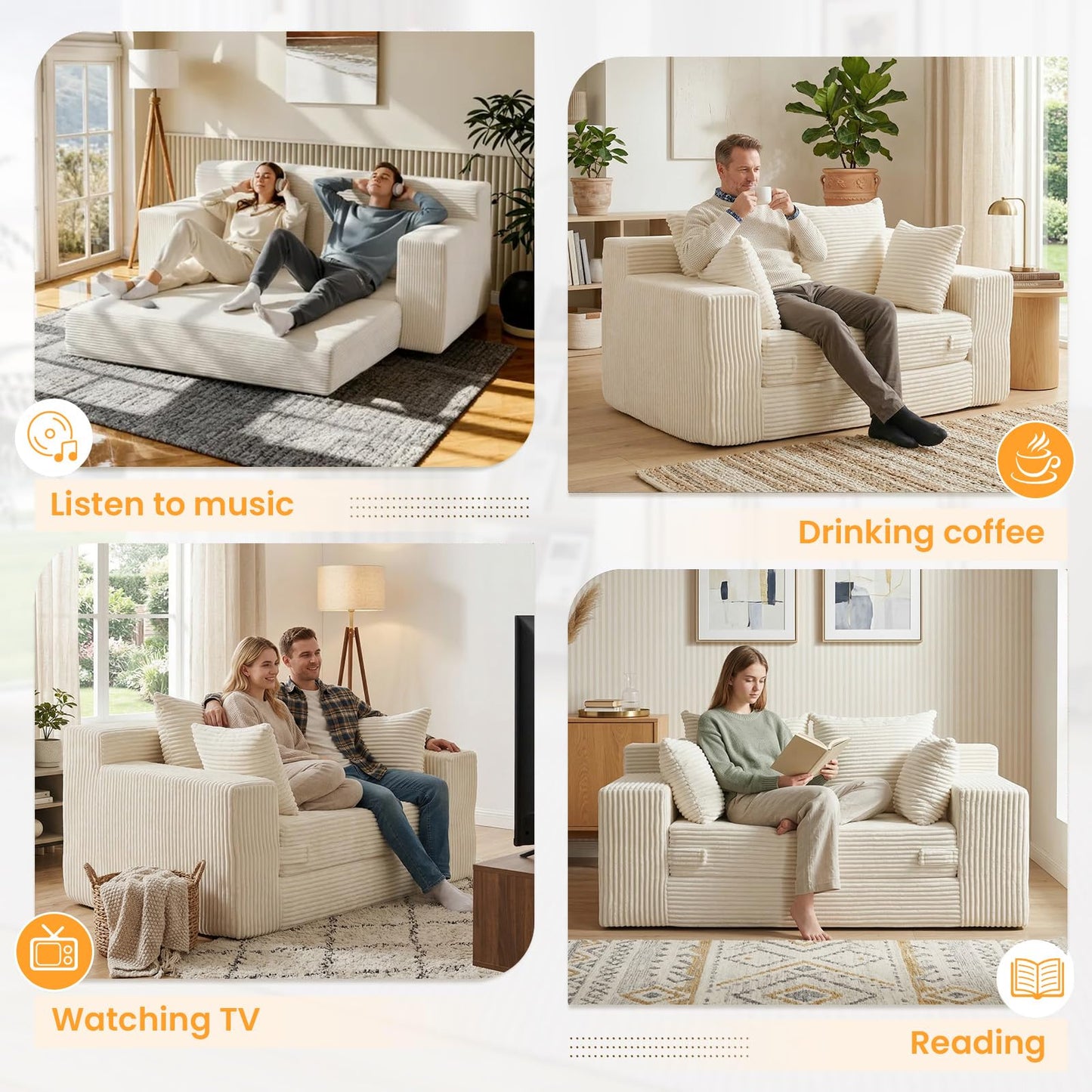 Winzoo Boneless Loveseat Sleeper Sofa Bed, 3-in-1 Convertible Sofa Bed and Futon Couch with 4 Pillows, 55" Beige Boneless Couch for Living Room, Guest Room, Small Space, No Assembly Required, Corduroy