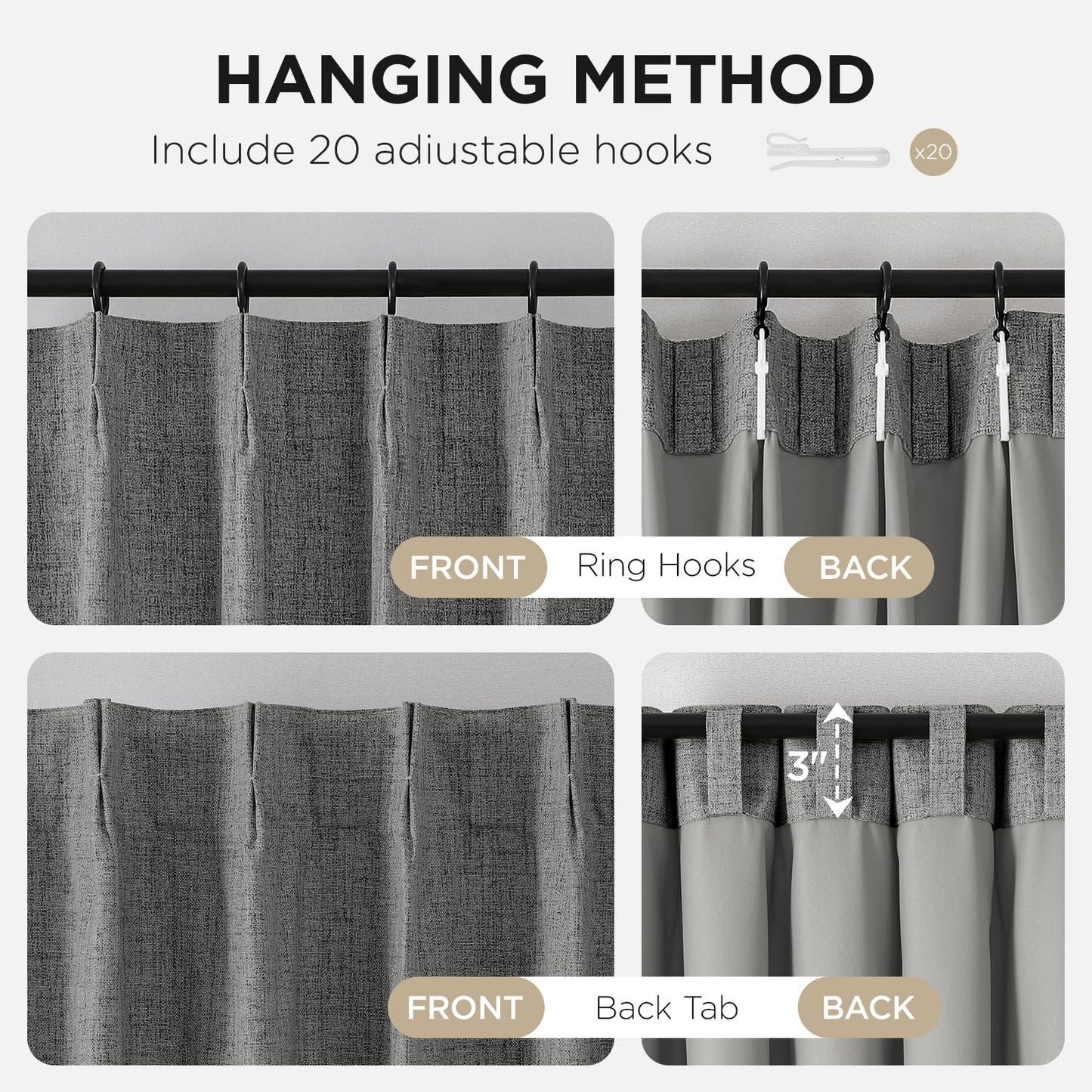 Joydeco Pinch Pleated Curtains - 100% Blackout for Bedroom, Light Grey Linen Curtains 40" W x 90" L, Thermal Insulated 2 Panels Light Blocking Drapes, Back Tabs for Living Room