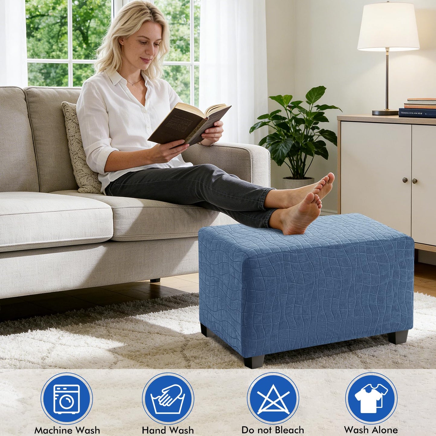 MAXIJIN Waterproof Ottoman Cover Rectangle Stretch Ottoman Slipcovers Square Thick Stool Covers Storage Footrest Furniture Protector with Non-Slip Elastic Bottom (Small, Dusty Blue)