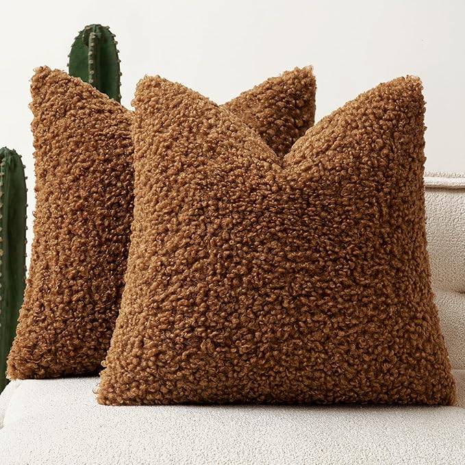 Faux Fur Throw Pillow Covers 20x20 Inch Set of 2 Boucle Neutral Decorative
