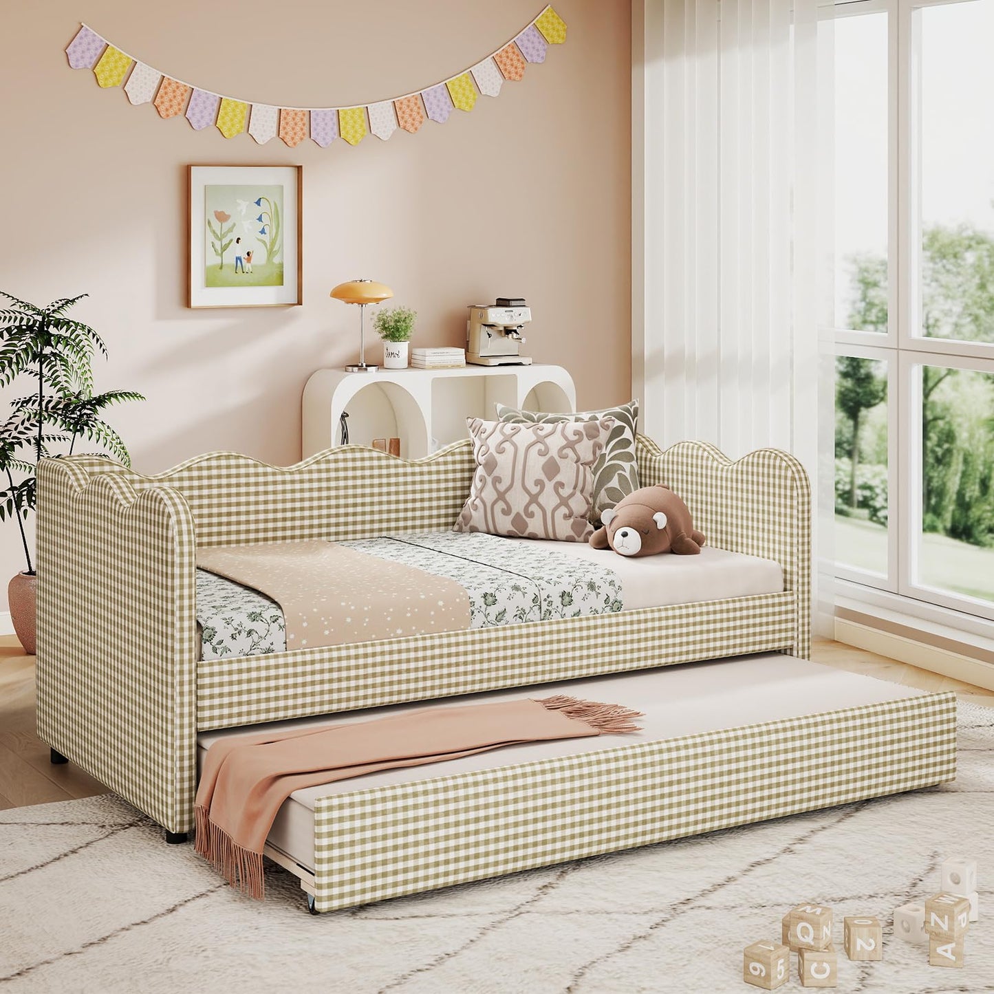 Twin Size Daybed with Pop Up Trundle, Twin to King Gingham Daybed with USB, Upholstery Adorable Wave Shaped Linen Sofa Bed, No Box Spring Needed, Extendable Day Bed for Bedroom, Living Room, Brown
