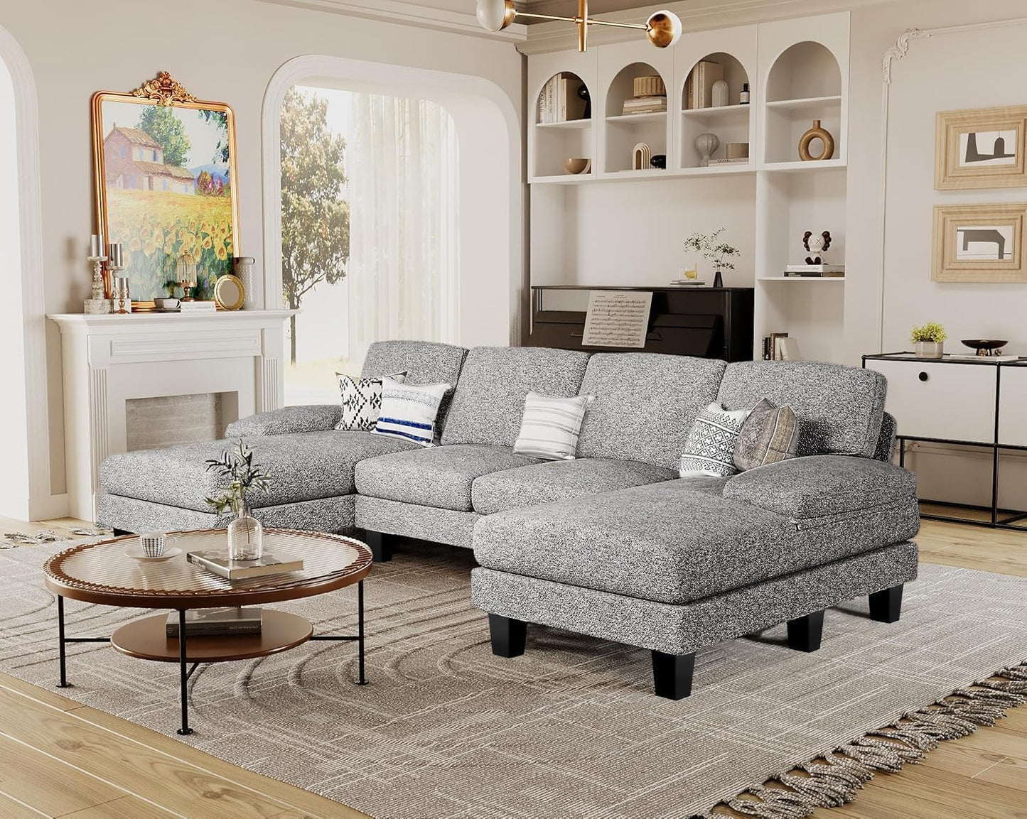 Furmax Sectional Couches for Living Room, U-Shaped Sofa Couch with Linen Fabric, 4 Seat Sofa Set with Double Chaise for Apartment (Loop Yarn, Pearl Gray)