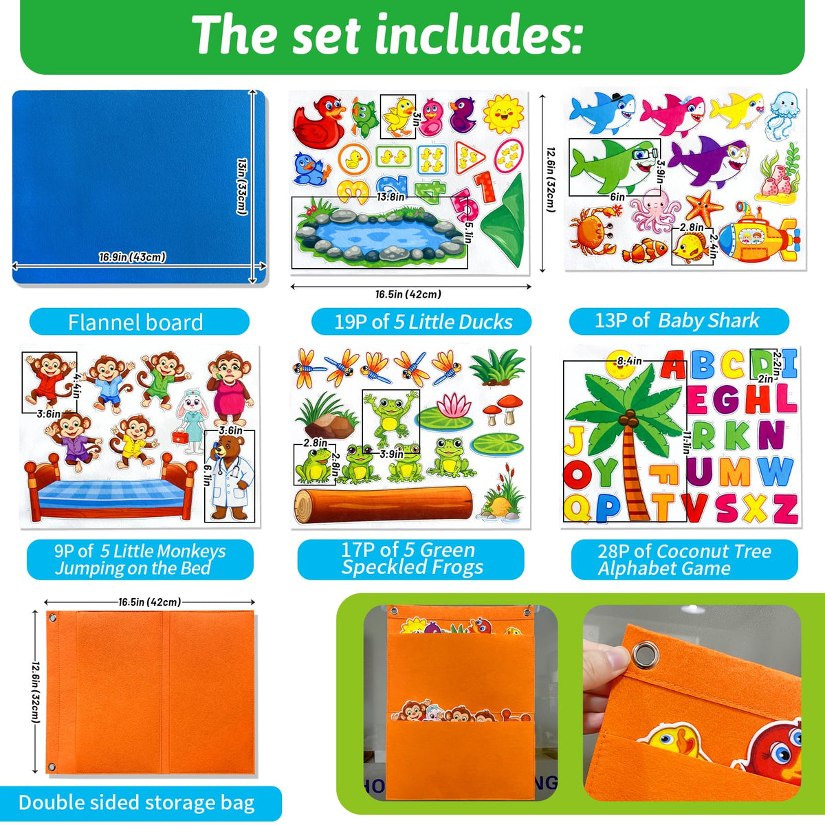 5 Set Felt Board Stories Pieces for Toddlers，1 Flannel Board With 5 Little Ducks,5 Little Monkeys Jumping on The Bed,5 Green Speckled Frogs,Baby Shark,26 letters for Preschool Learning Activities