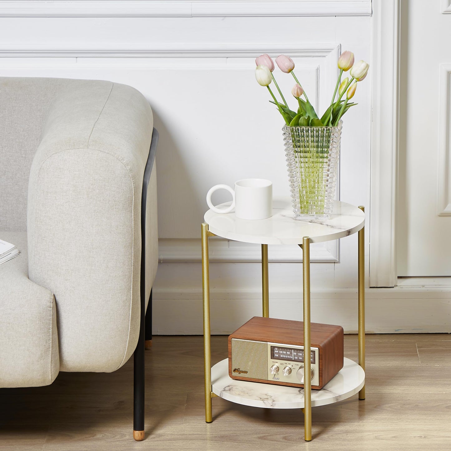 Gawicpy 2 Tier Round Side Table, Folding End Tables Coffee Table Simplistic Sofa Table Waterproof Removable Tray Table Indoor Outdoor Accent Table for Living Room Bedroom (Faux Marble White, 1pcs)