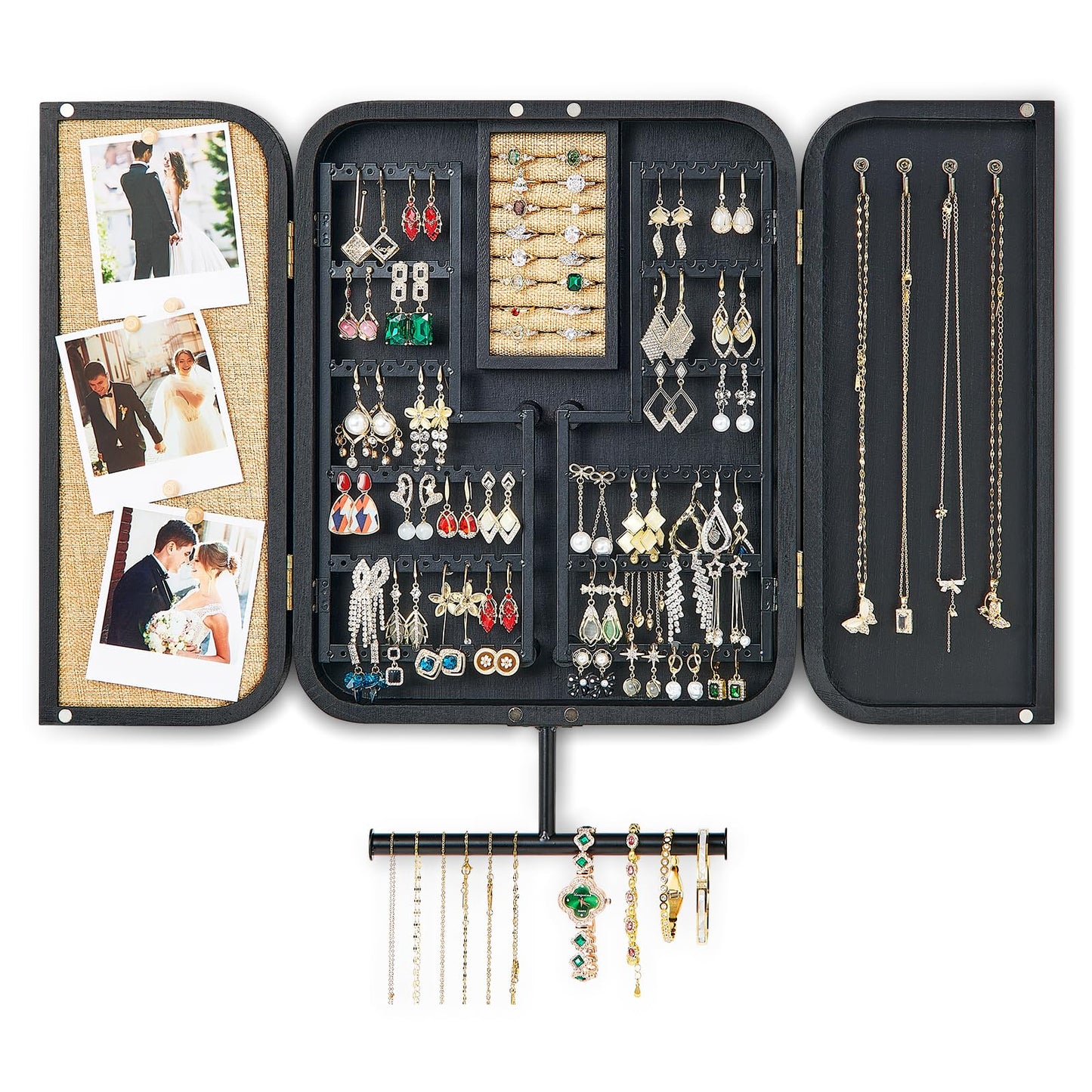 Pinzoveco Hanging Jewelry Organizer, Wall Mounted Jewelry Organizer for Earring Holder Organizer, Jewelry Cabinet Holder Jewelry Storage Box for Earrings, Necklaces, Bracelets, Ring Holder (Black)