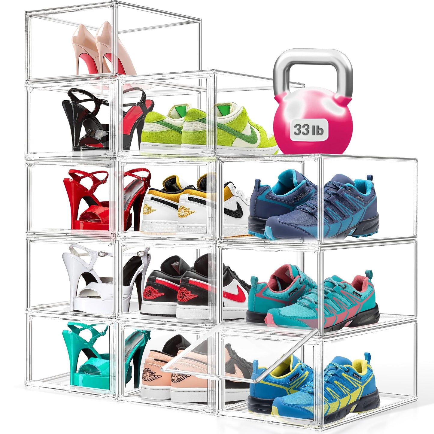 12 Pack Drop Front Shoe Boxes Acrylic Shoe Display Case Fit US Size 13, Clear Stackable Hat Sneaker Shoe Organizer for Closet, Entryway, Underbed, Multiple Display Cases for Hats, Figures, Sneakers