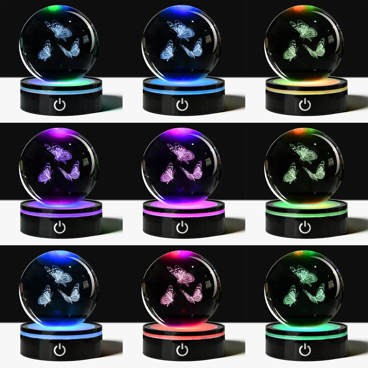 QIANCHANG 3D Butterfly Crystal Ball with LED Stand, 80mm K9 Crystal Glass Sphere Night Light Lamp, Butterfly Figurines Collectibles Gifts for Women Girls Mom Kids