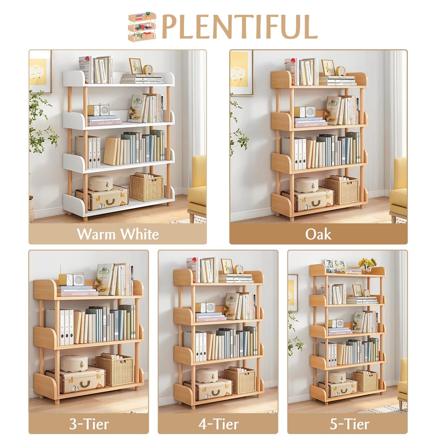 OSCHF 4-Tier Wooden Open Bookcase - Modern Display Bookshelf with Top Edge and Solid Wood Frame for Home and Office, Storage Cabinet, Oak